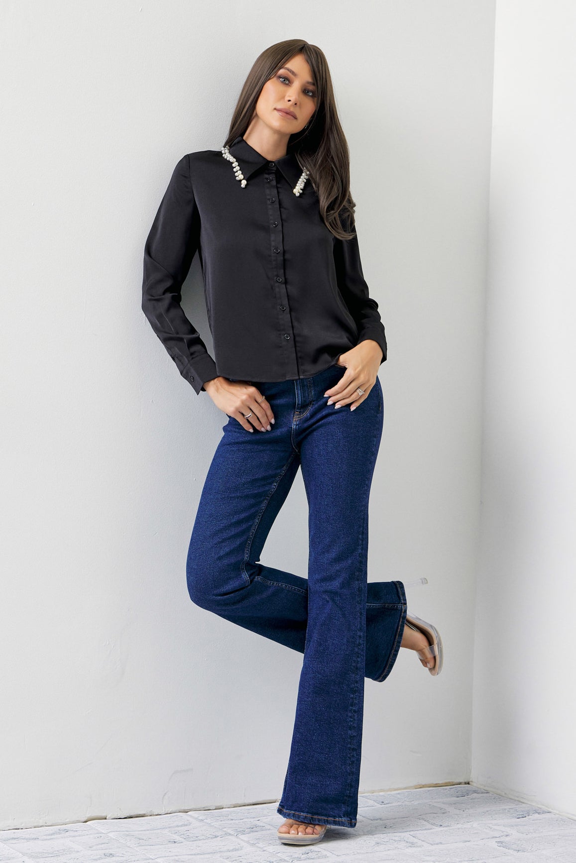 Made Sleek Woven Pearl Collar Embellished Shirt