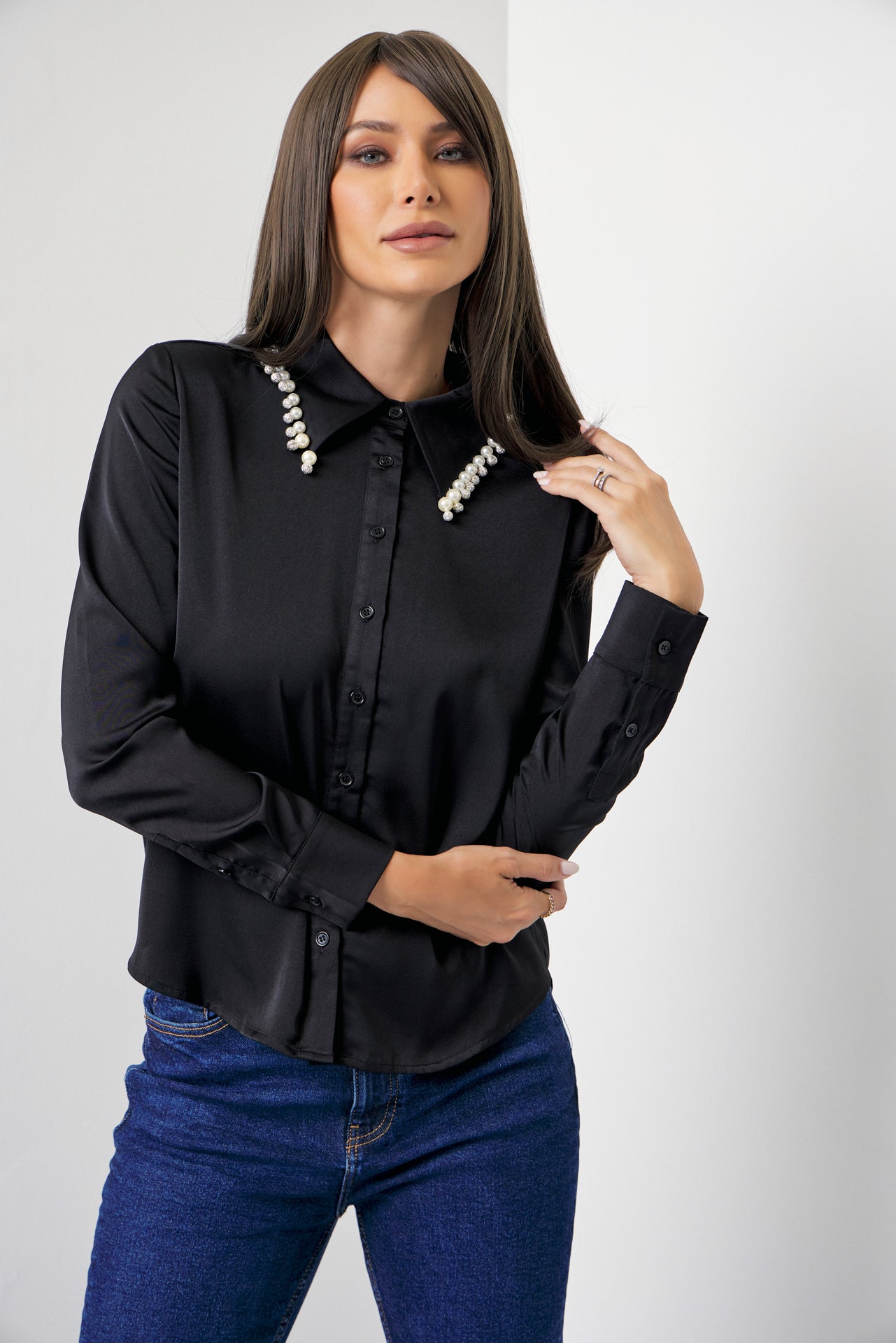 Made Sleek Woven Pearl Collar Embellished Shirt