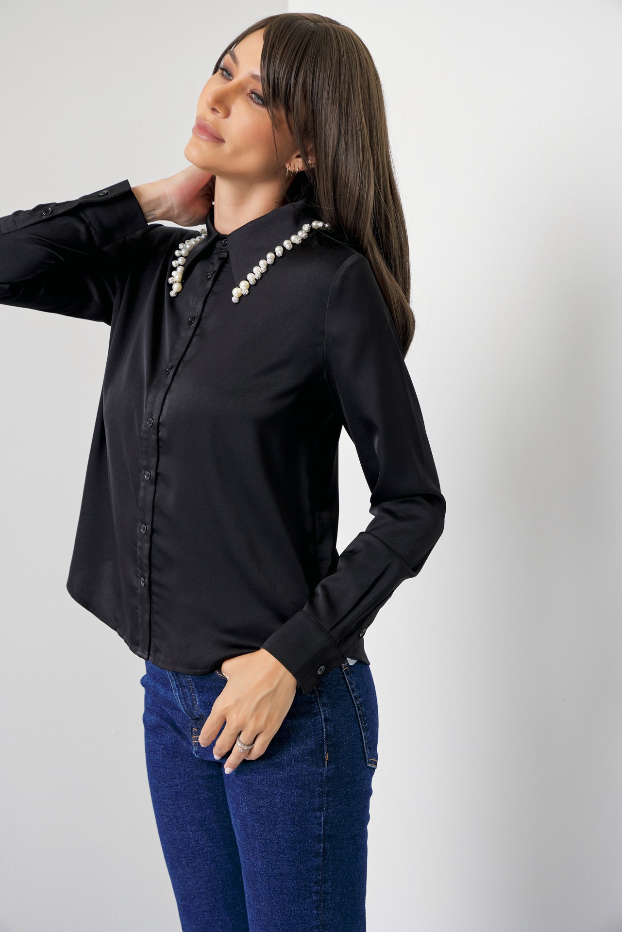 Made Sleek Woven Pearl Collar Embellished Shirt
