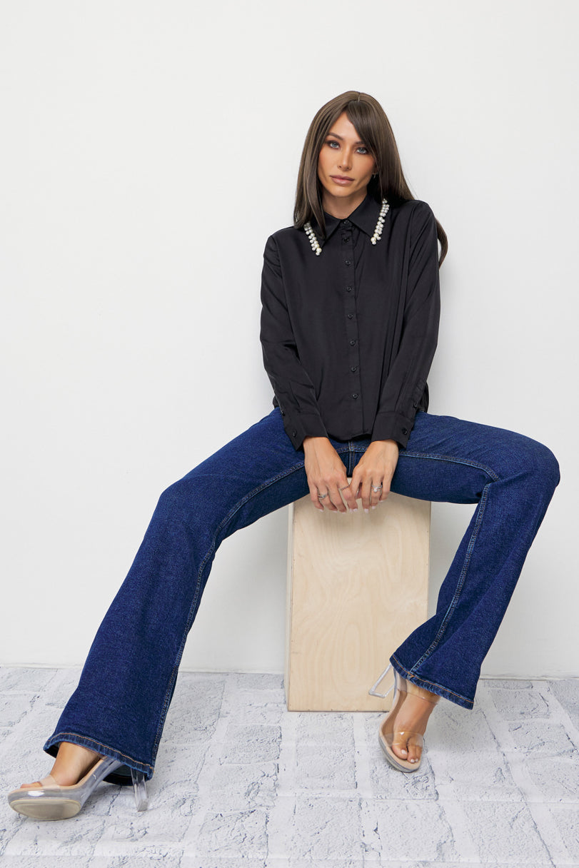 Made Sleek Woven Pearl Collar Embellished Shirt