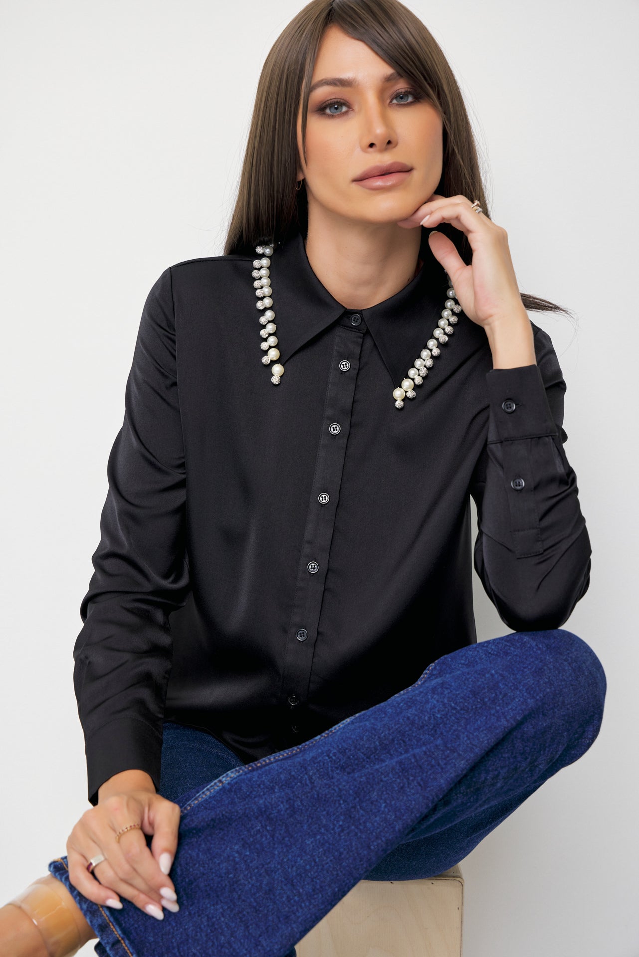 Made Sleek Woven Pearl Collar Embellished Shirt