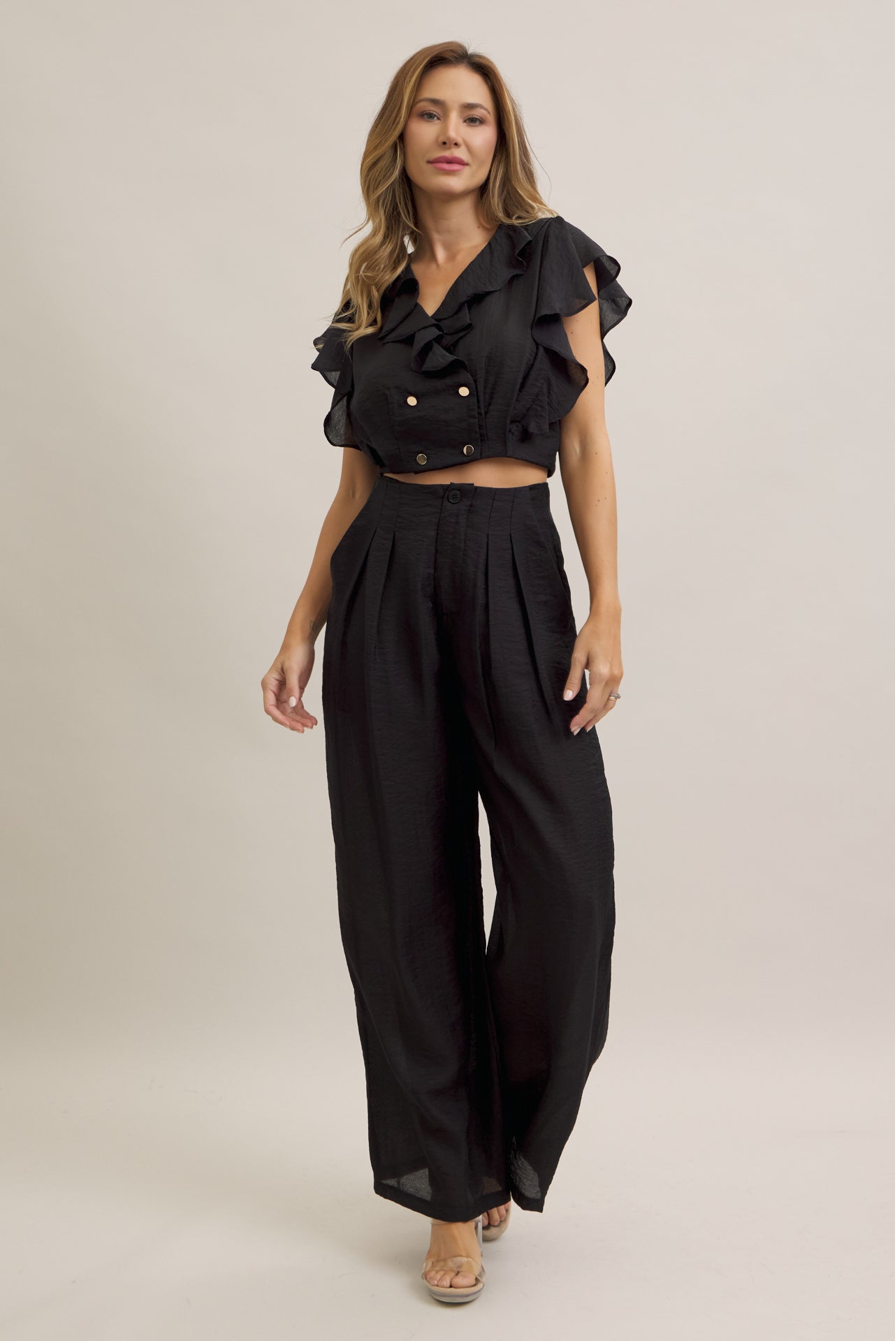 Ruffled Radiance Woven Crop Top and Pants Set