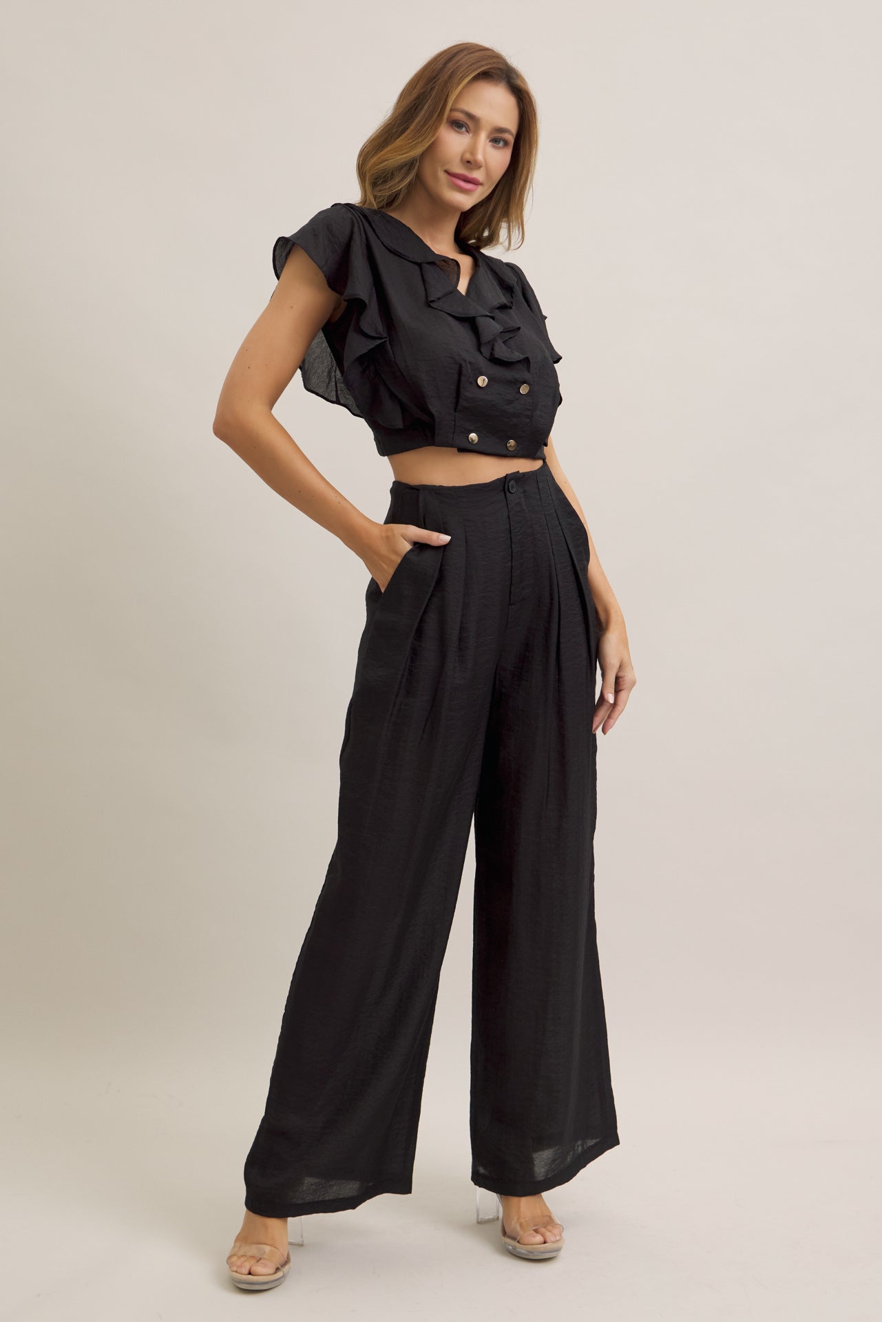 Ruffled Radiance Woven Crop Top and Pants Set