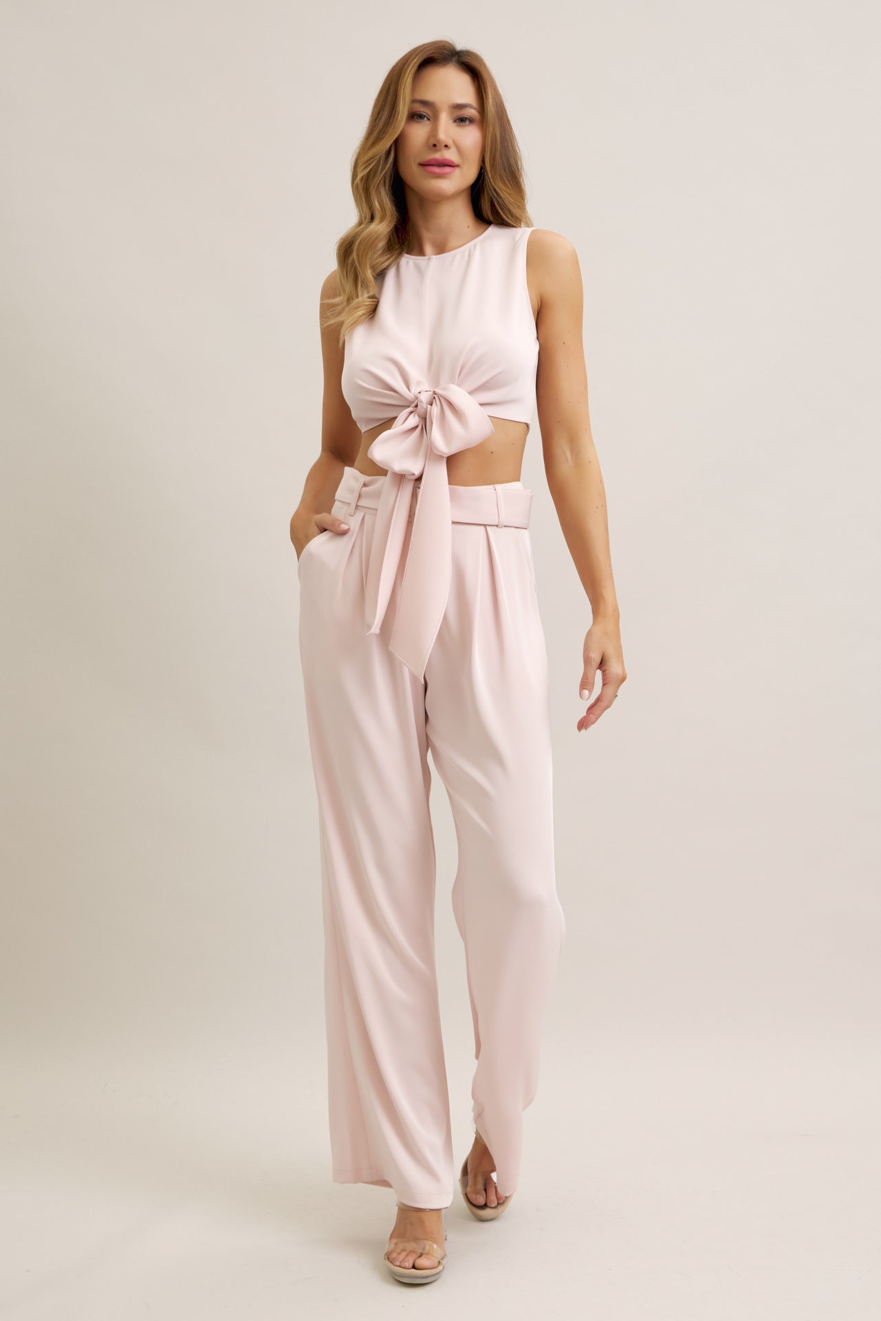 Keeping It Smart Woven Sleeveless Crop Wrap Top and Pants With Belt Set