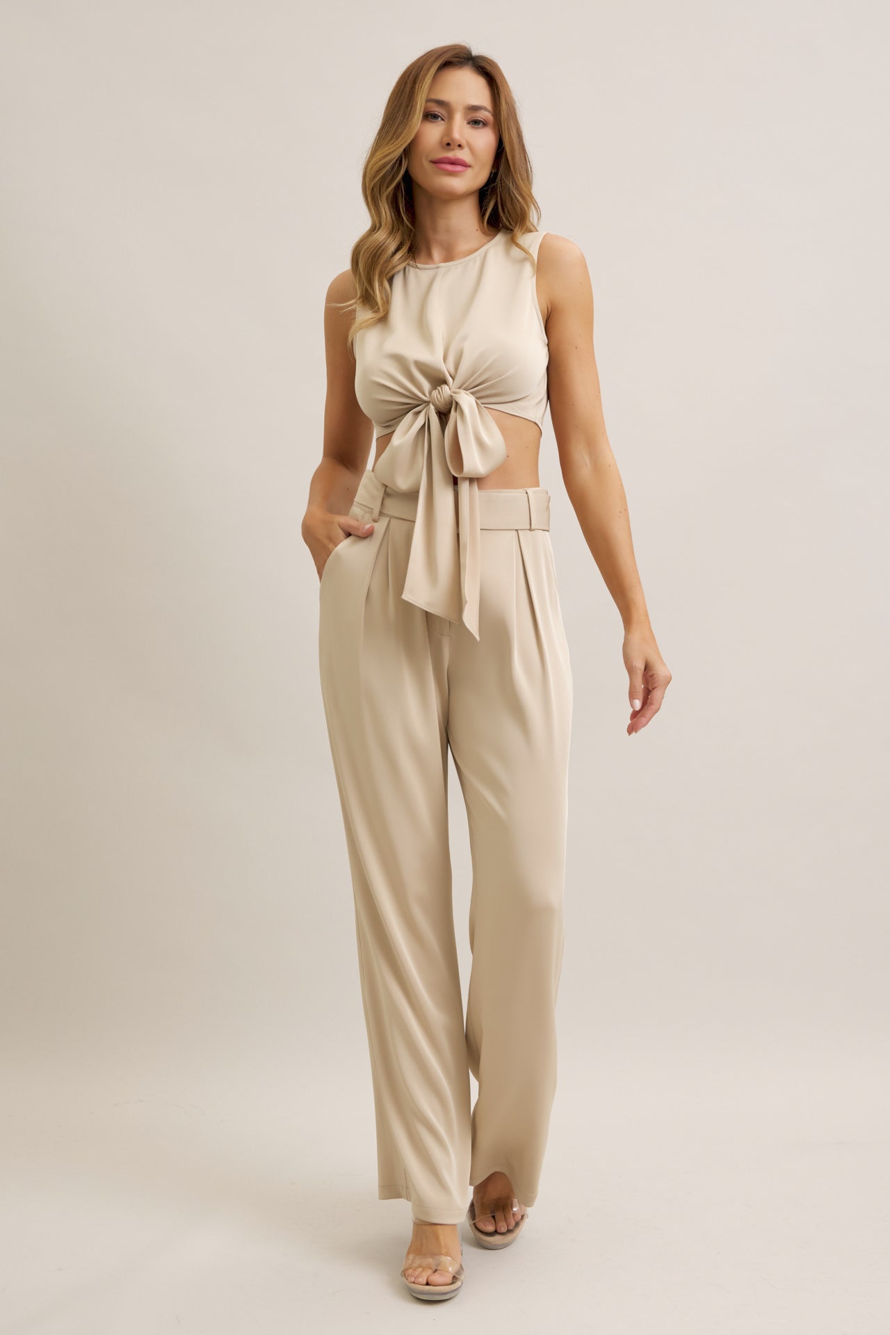 Keeping It Smart Woven Sleeveless Crop Wrap Top and Pants With Belt Set