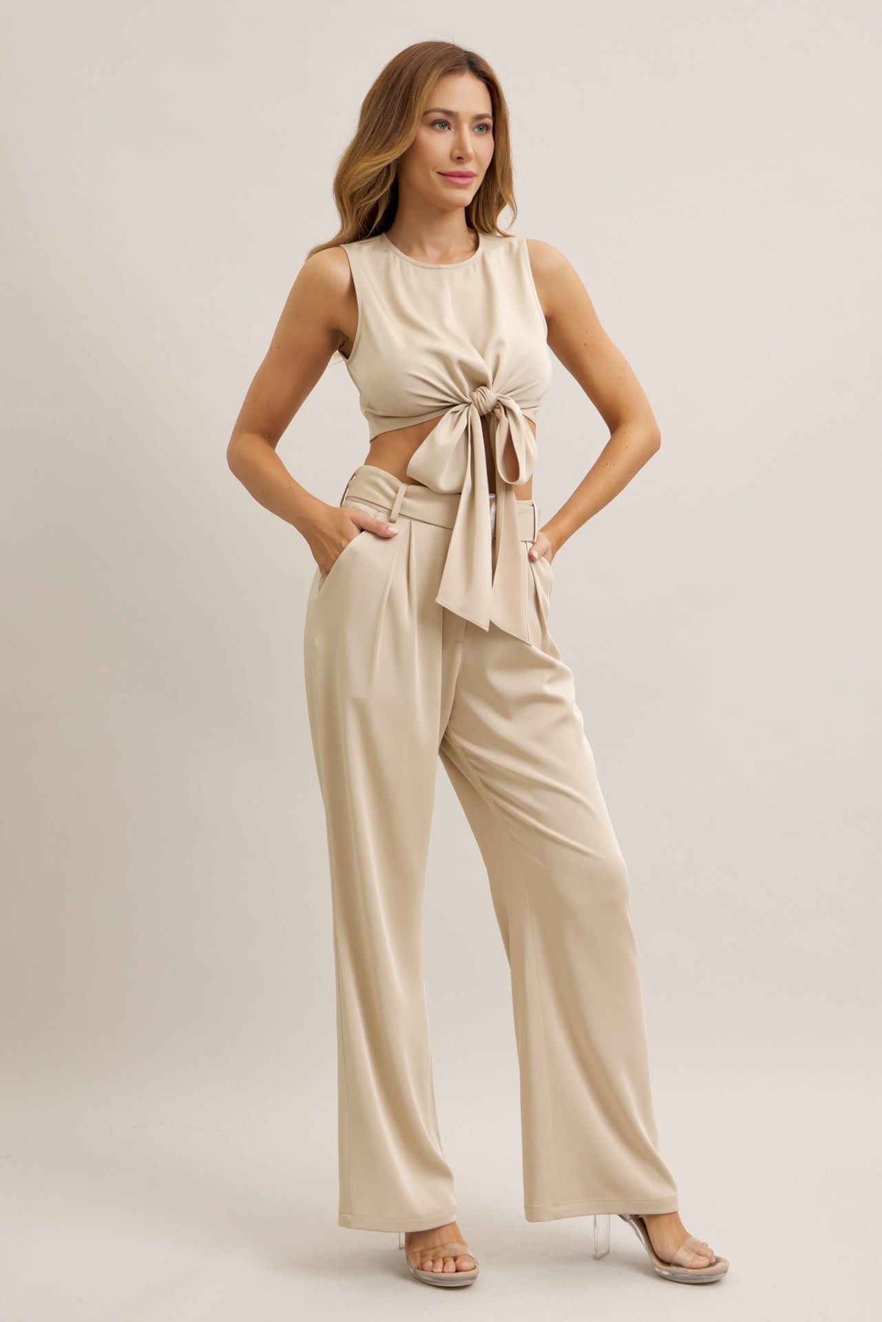 Keeping It Smart Woven Sleeveless Crop Wrap Top and Pants With Belt Set