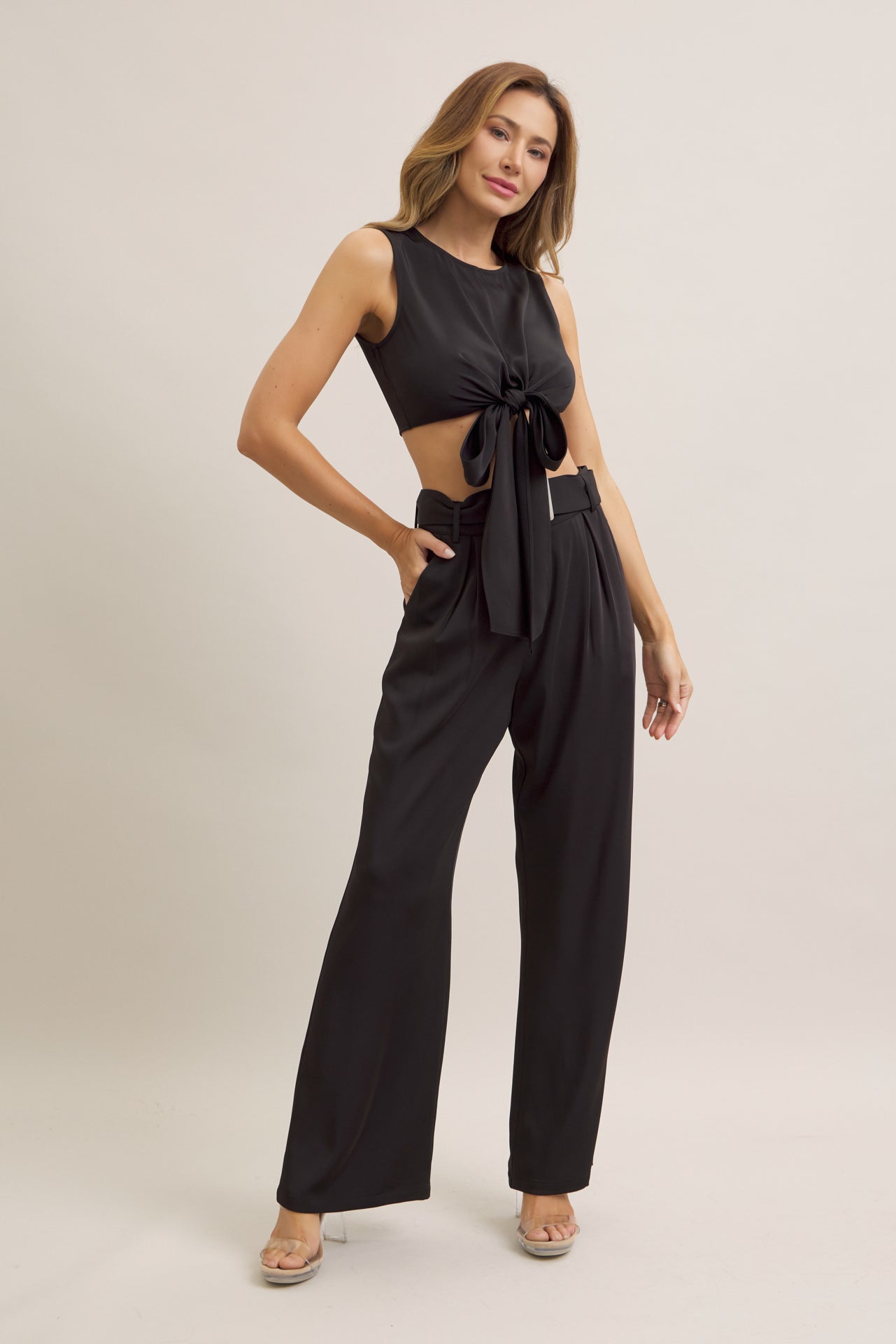 Keeping It Smart Woven Sleeveless Crop Wrap Top and Pants With Belt Set