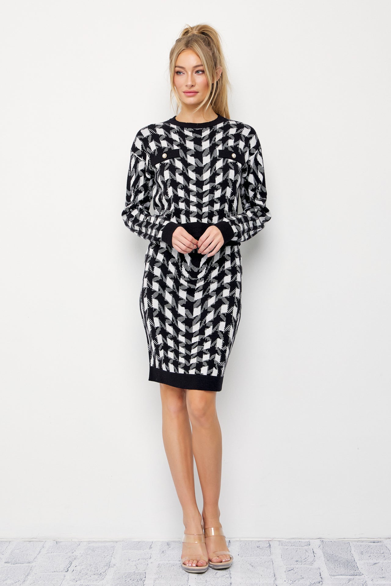 Houndstooth Knit Long Sleeve Top and Skirt Set