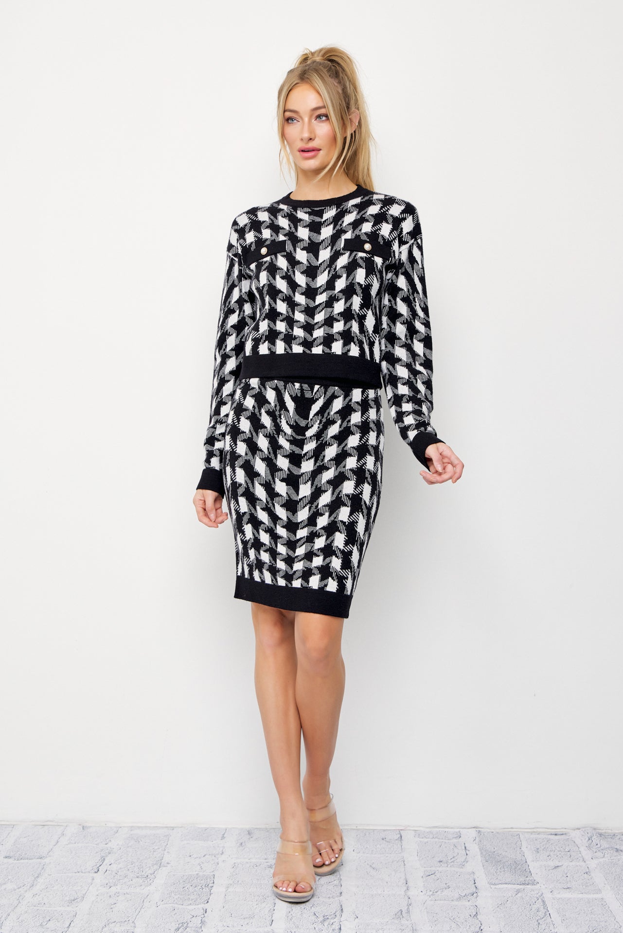 Houndstooth Knit Long Sleeve Top and Skirt Set