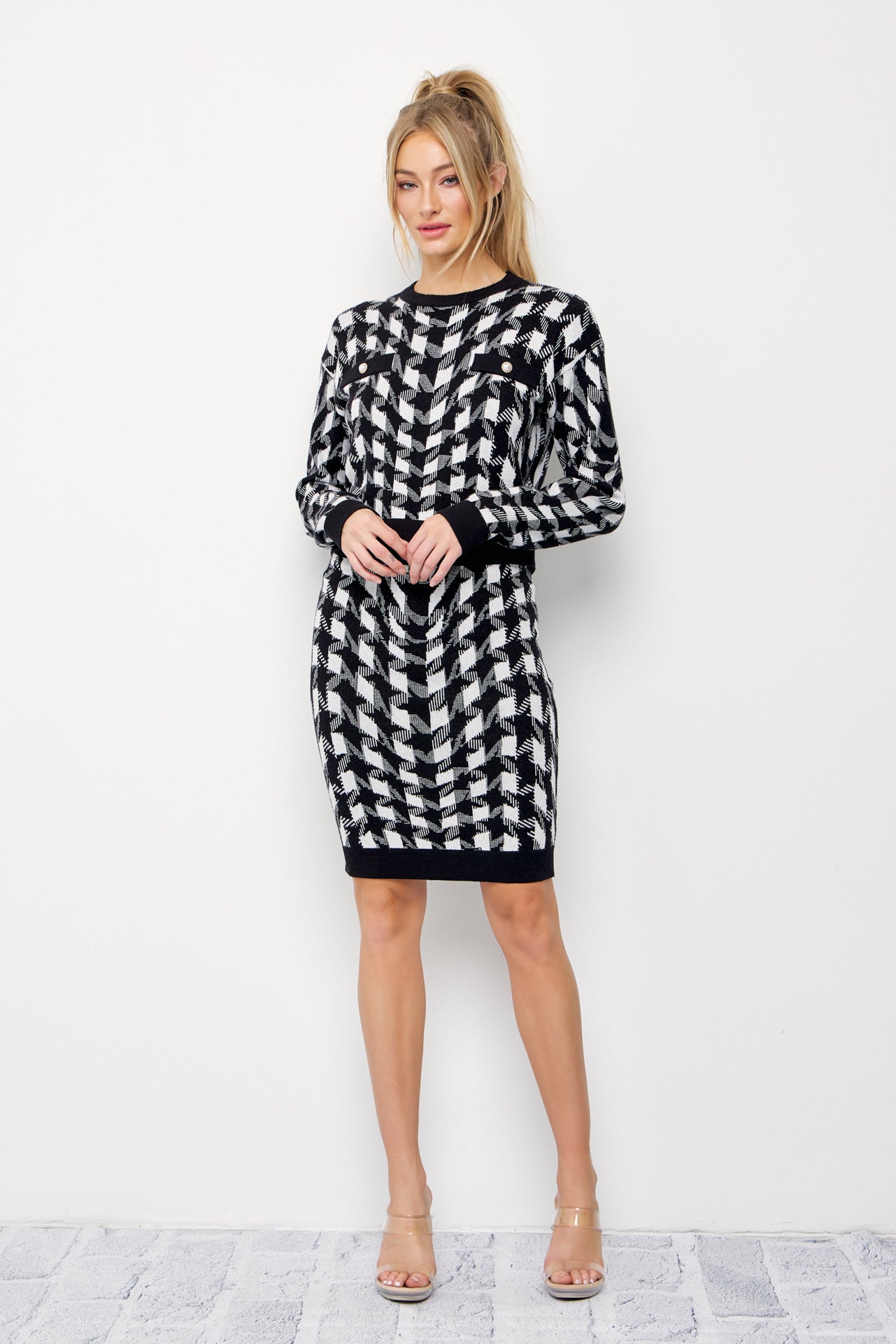 Houndstooth Knit Long Sleeve Top and Skirt Set