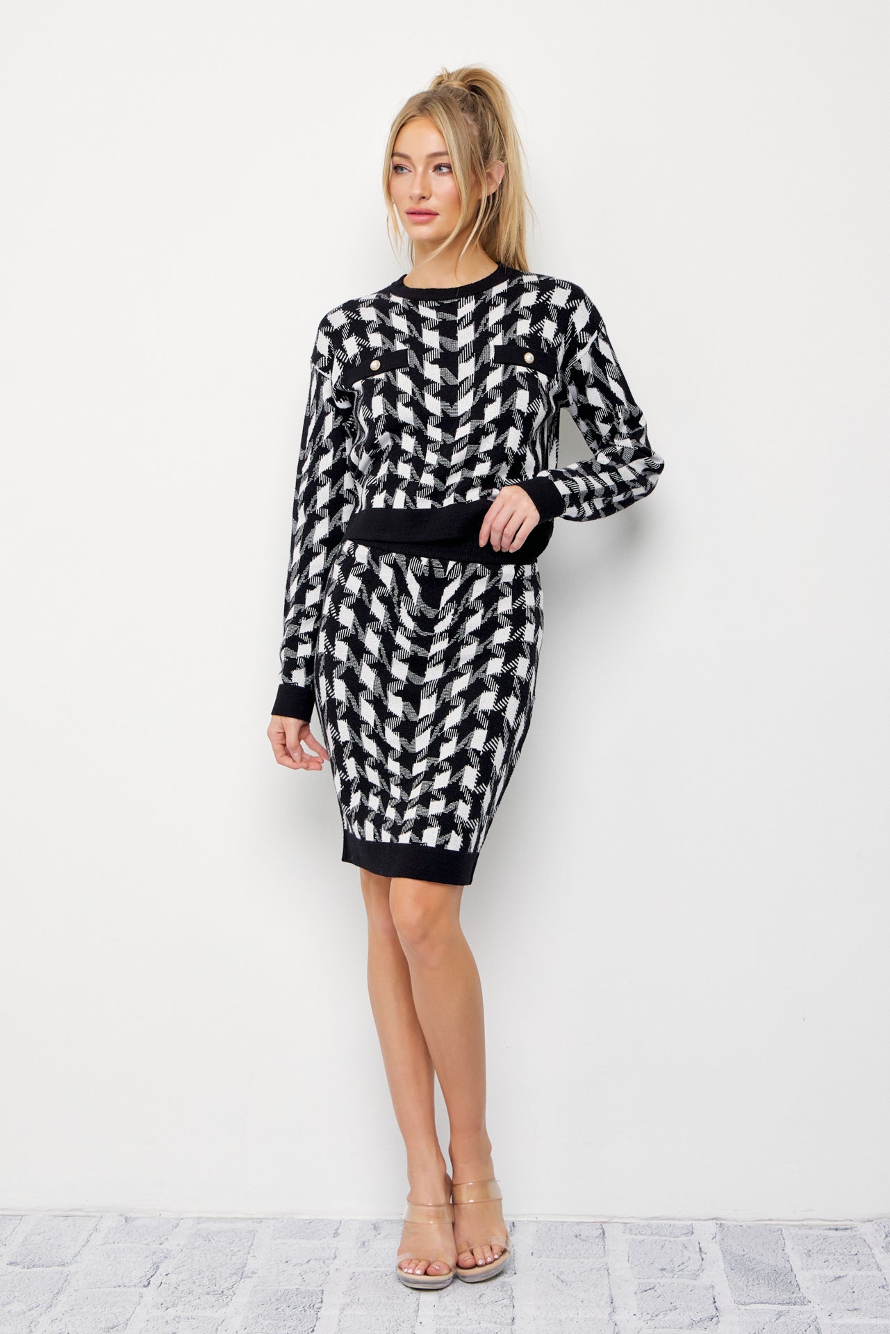 Houndstooth Knit Long Sleeve Top and Skirt Set
