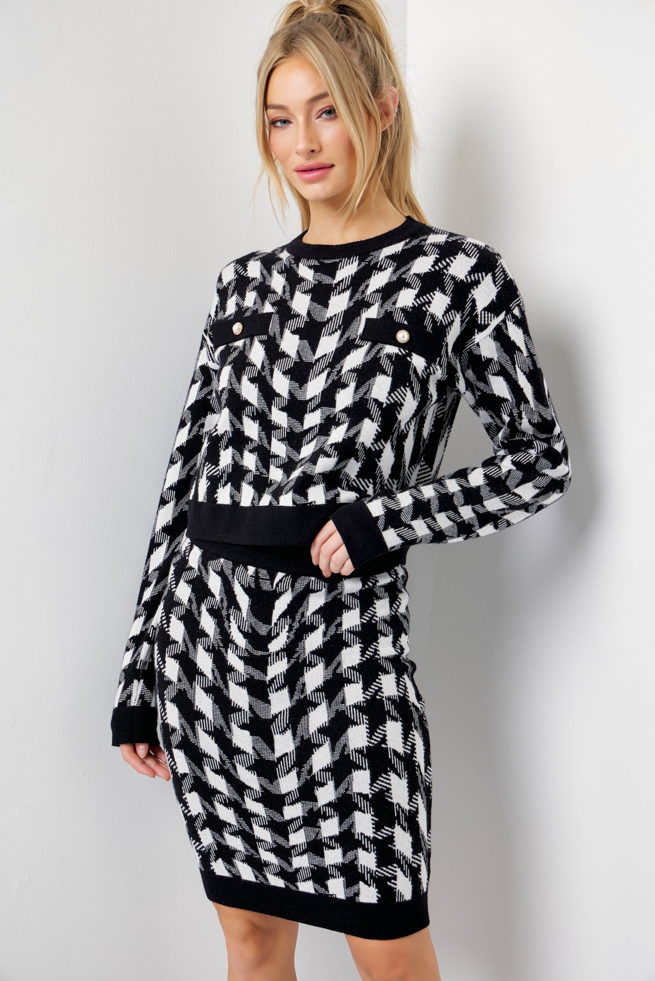 Houndstooth Knit Long Sleeve Top and Skirt Set