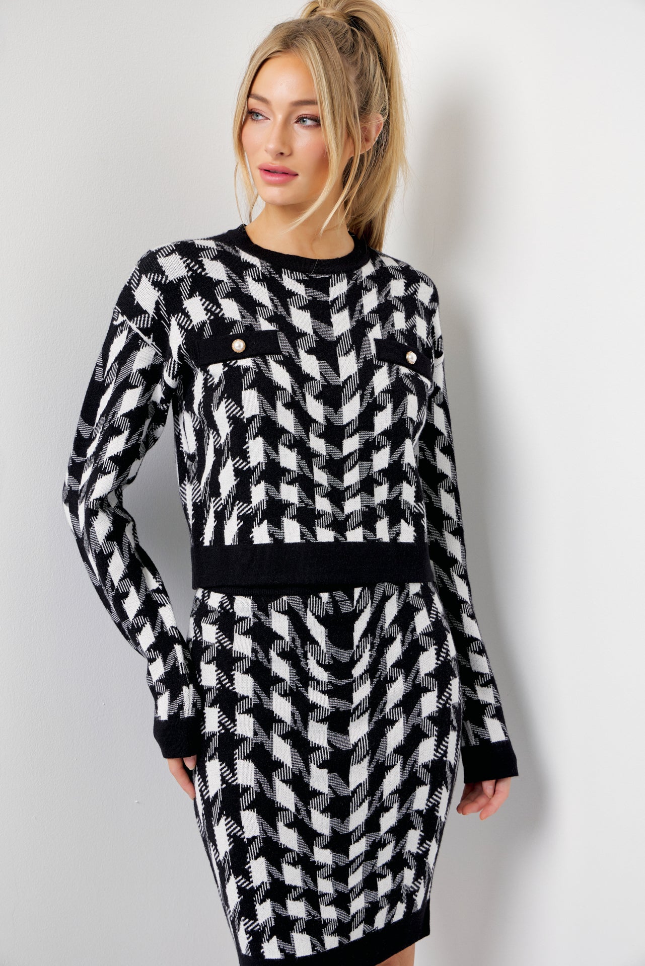 Houndstooth Knit Long Sleeve Top and Skirt Set