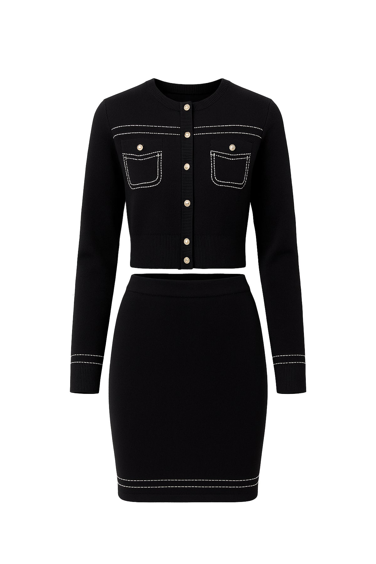 Cressida Knit Cardigan and Skirt Set With Contrast Stitching