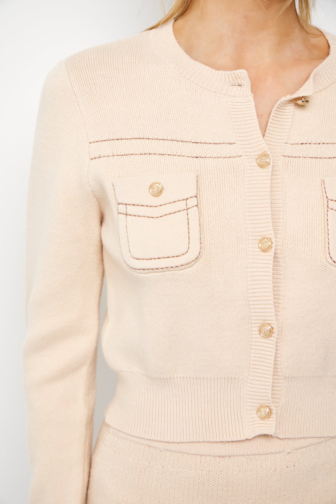 Cressida Knit Cardigan and Skirt Set With Contrast Stitching