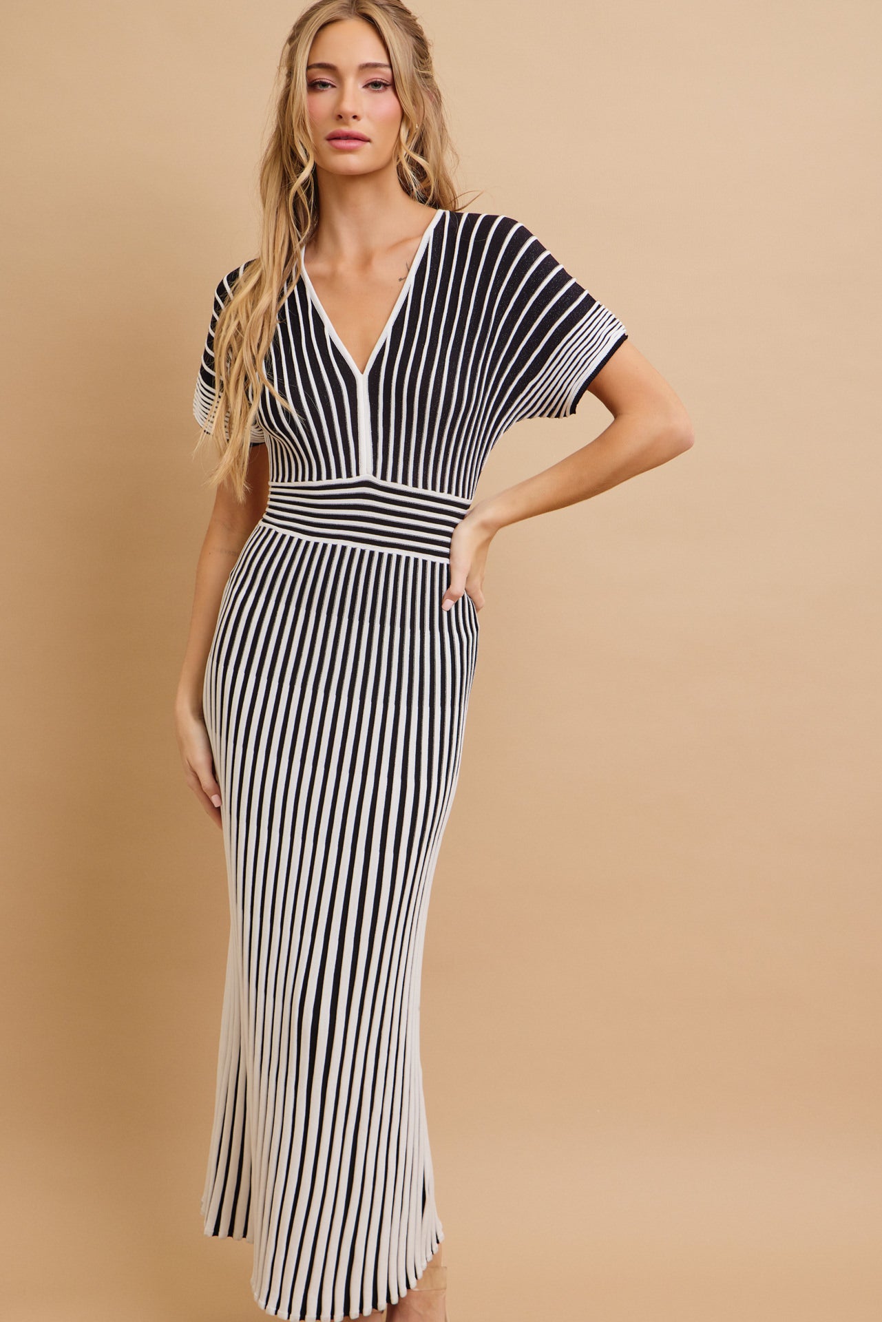 Take Her Out Pleated Knit Short Sleeve Maxi Dress