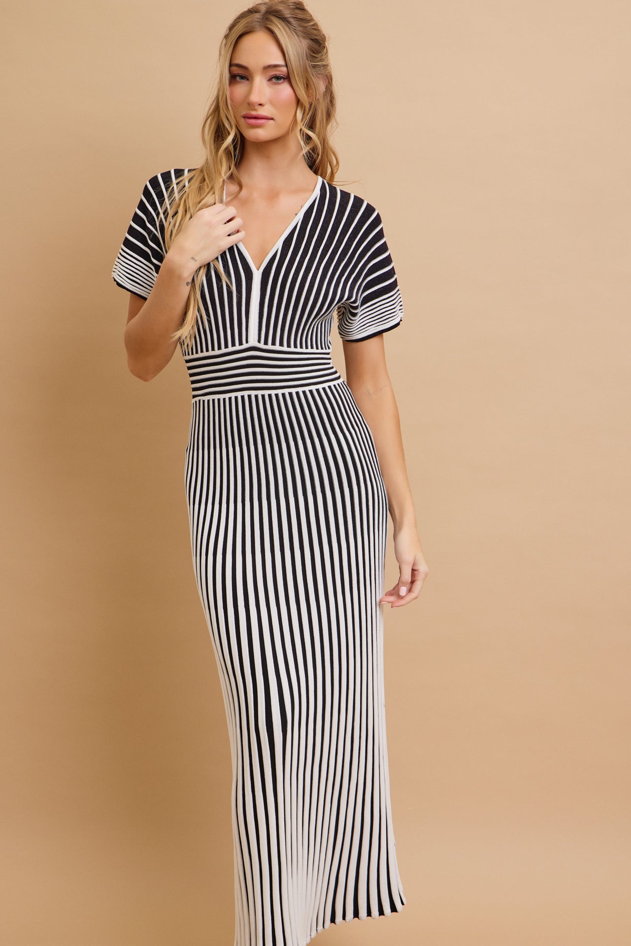 Take Her Out Pleated Knit Short Sleeve Maxi Dress