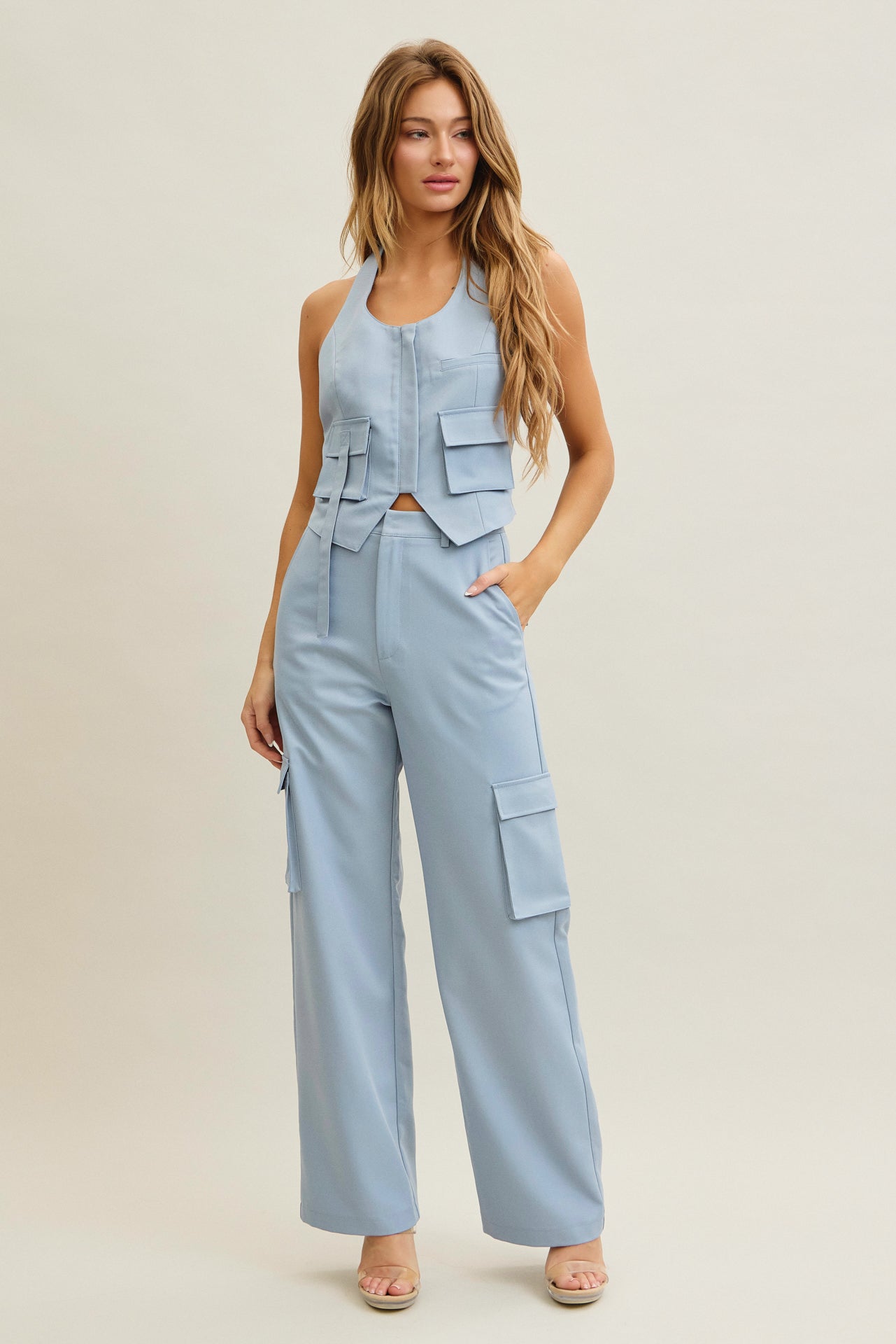 Tomboy Chic Woven Cargo Halter Vest And Pants Set