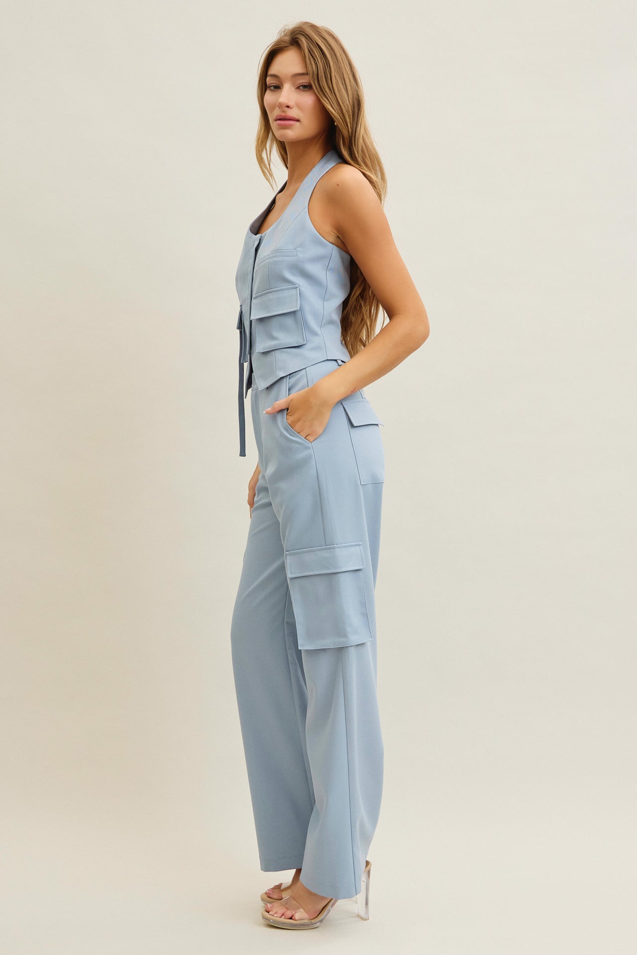 Tomboy Chic Woven Cargo Halter Vest And Pants Set