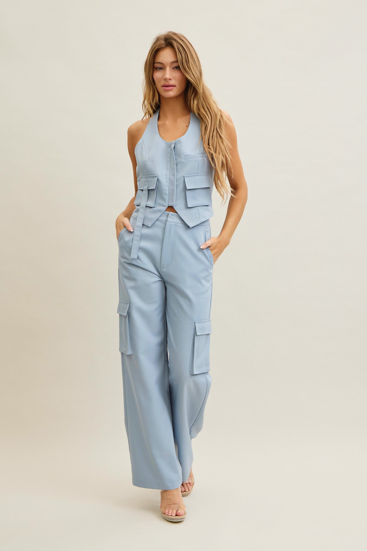 Tomboy Chic Woven Cargo Halter Vest And Pants Set