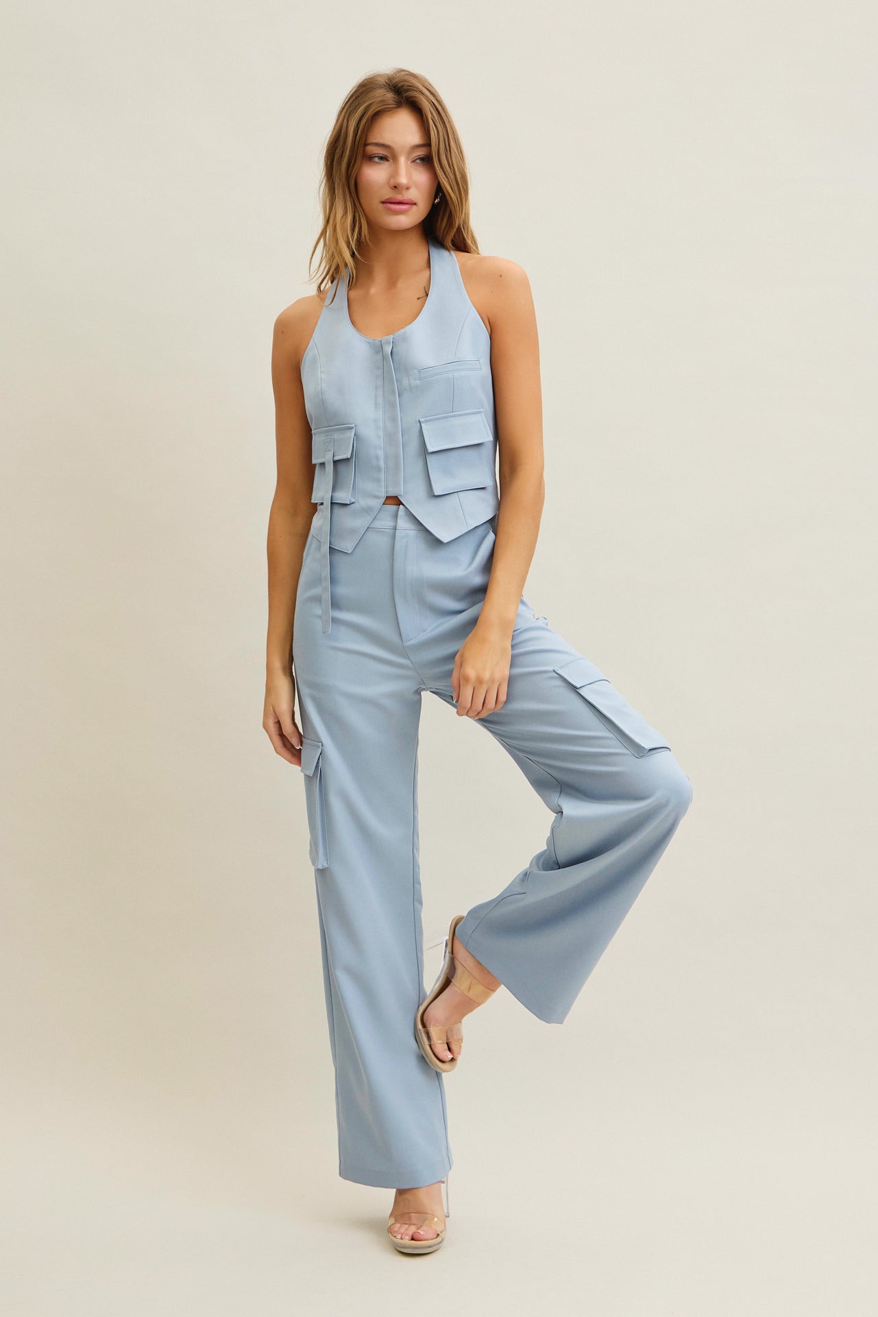 Tomboy Chic Woven Cargo Halter Vest And Pants Set