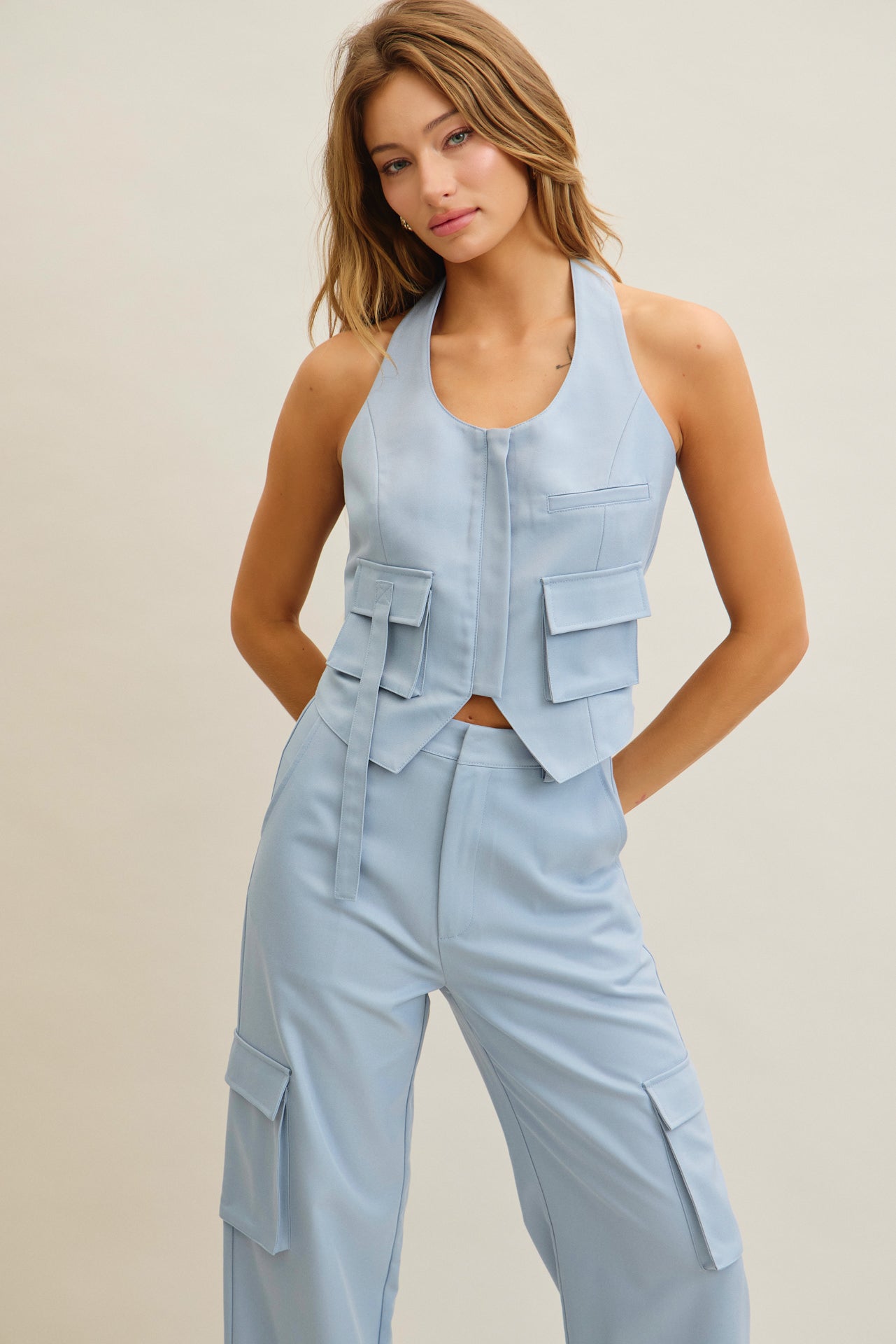 Tomboy Chic Woven Cargo Halter Vest And Pants Set