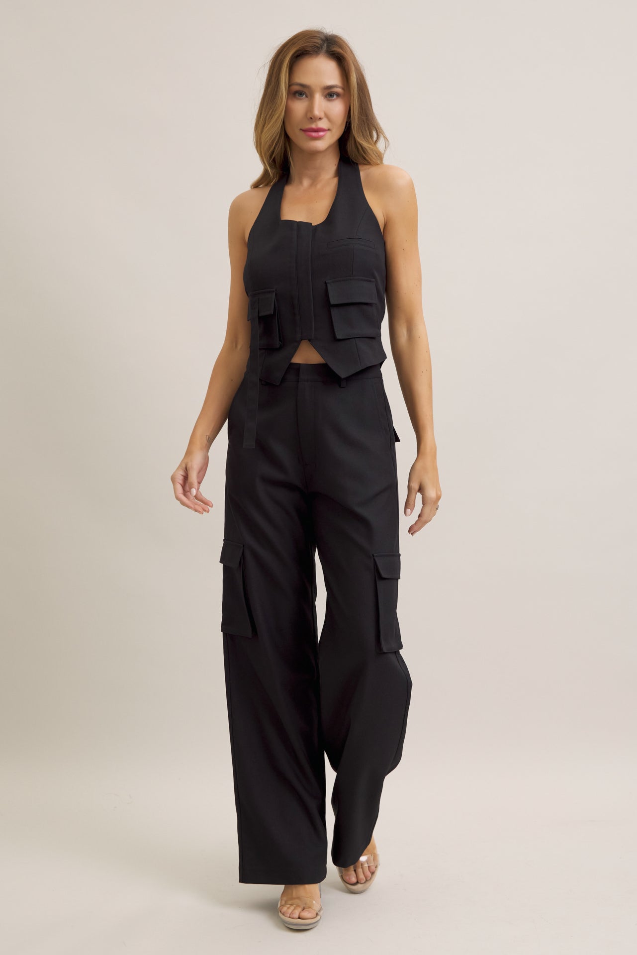 Tomboy Chic Woven Cargo Halter Vest And Pants Set