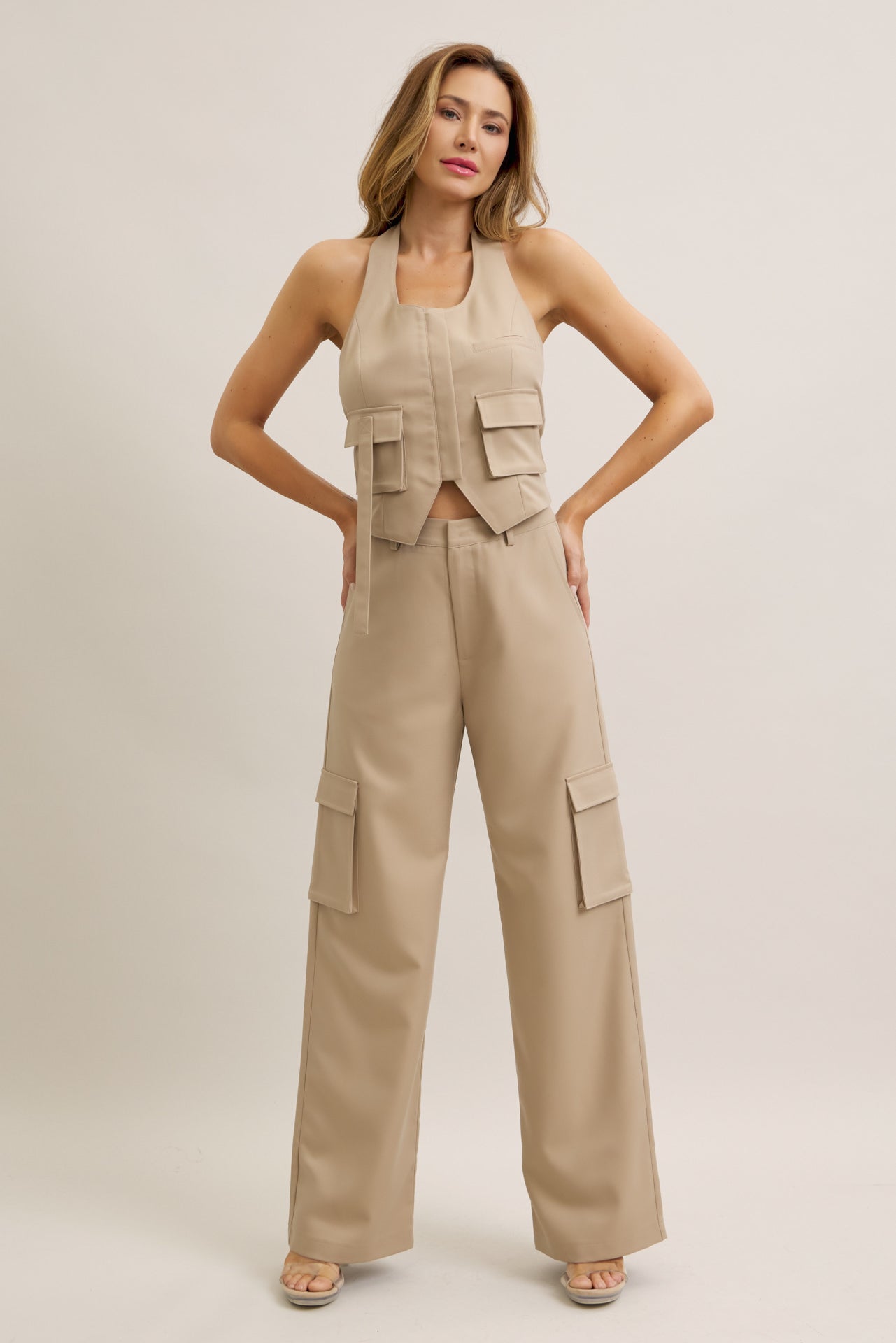 Tomboy Chic Woven Cargo Halter Vest And Pants Set