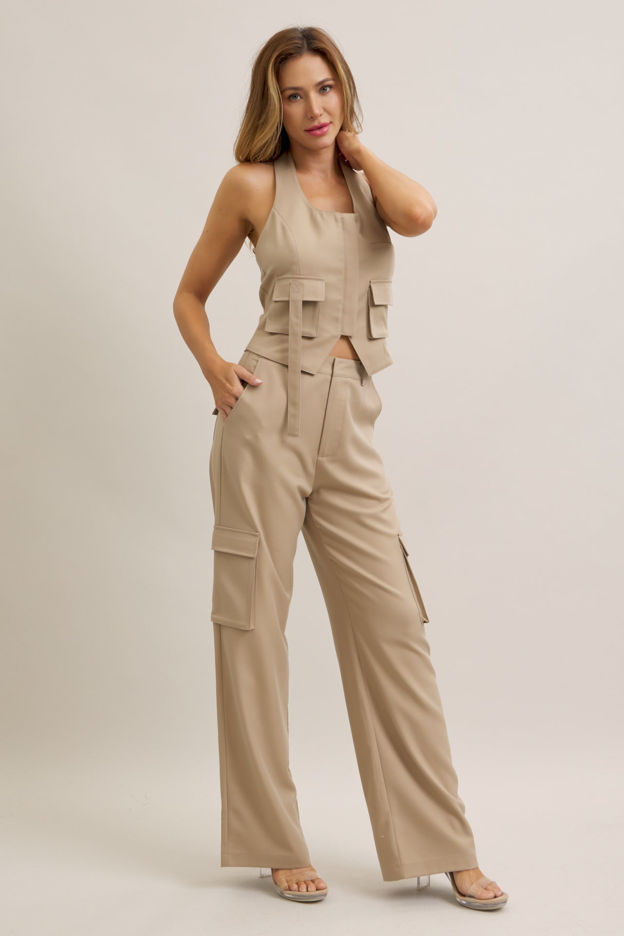 Tomboy Chic Woven Cargo Halter Vest And Pants Set