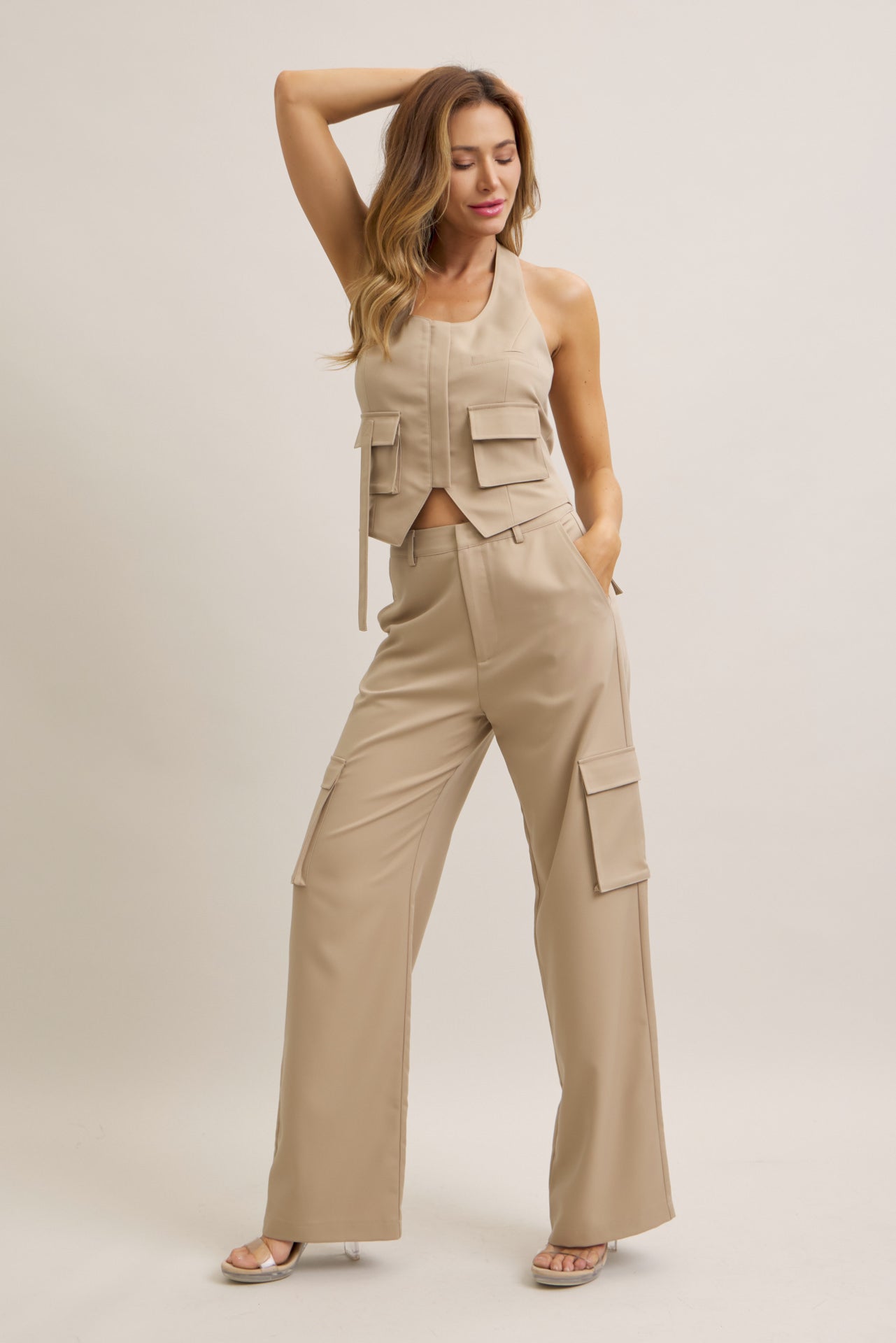 Tomboy Chic Woven Cargo Halter Vest And Pants Set