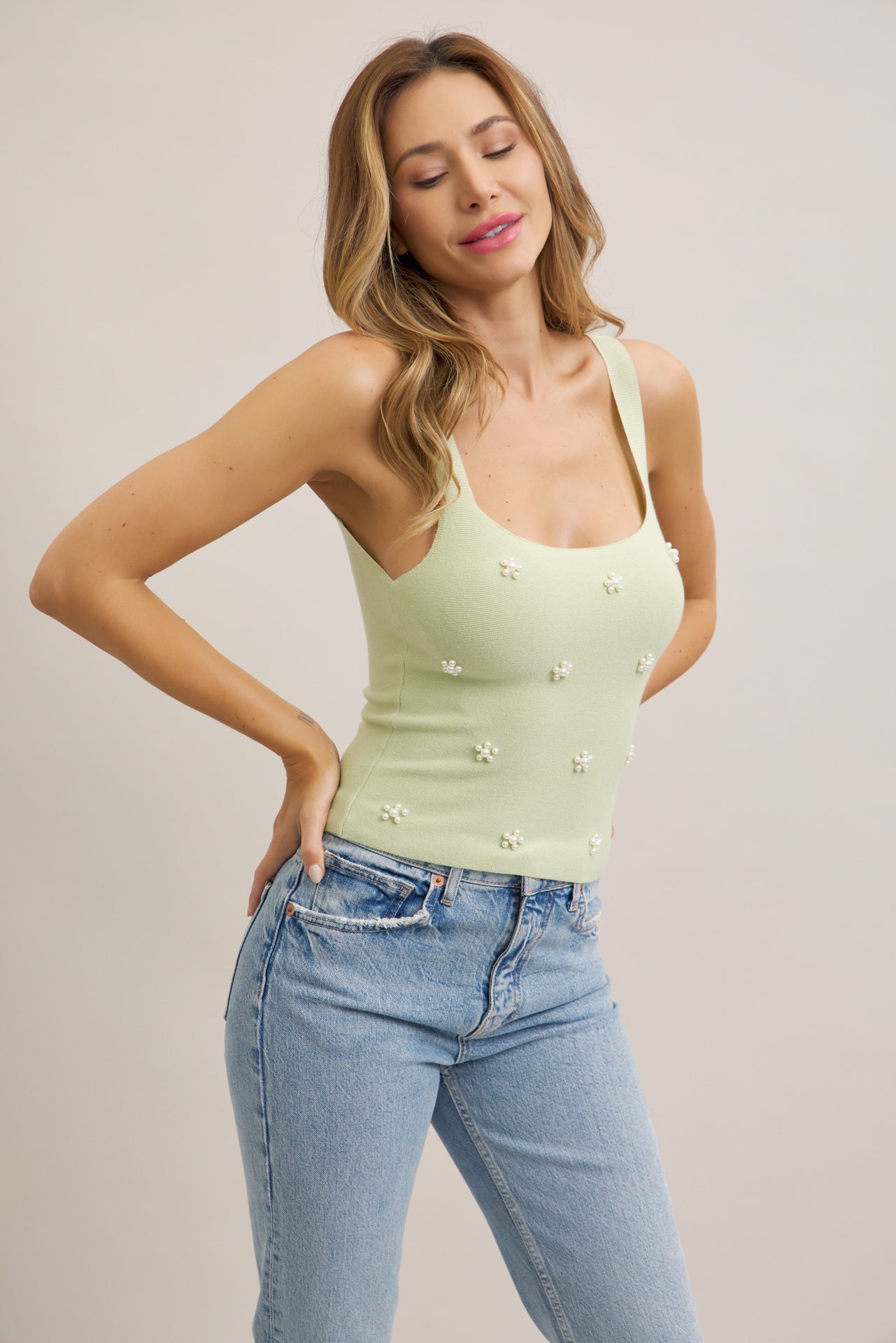 Cant Forget Me Knit Pearl Embellished Tank Top