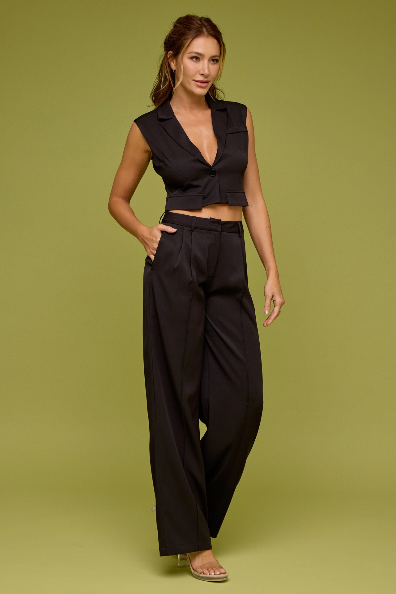 Marceline Woven Crop Vest & Wide Leg Pants Set