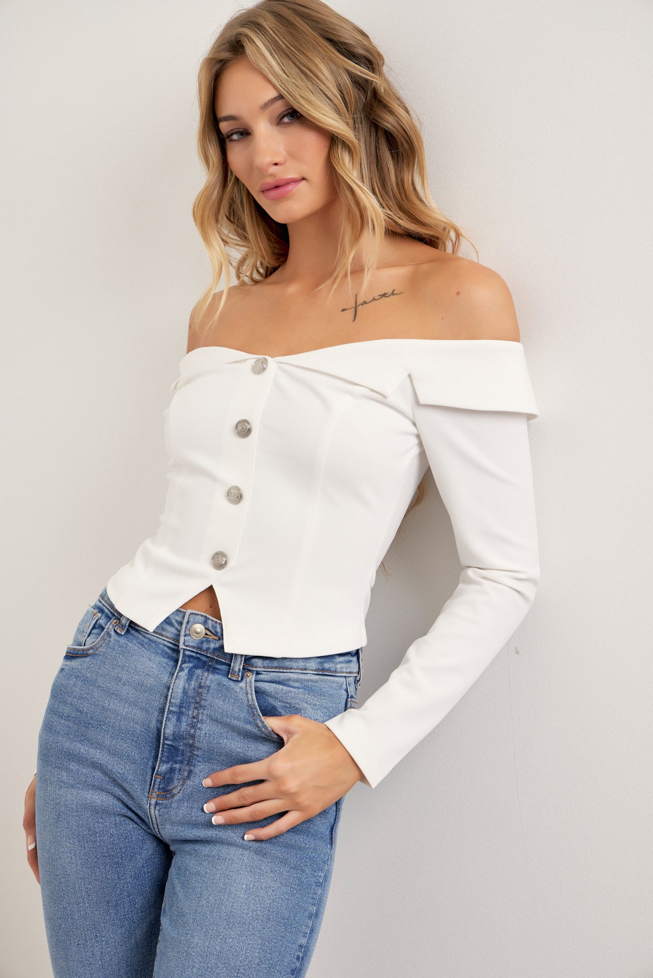 Chloe Woven Off Shoulder Blazer Top