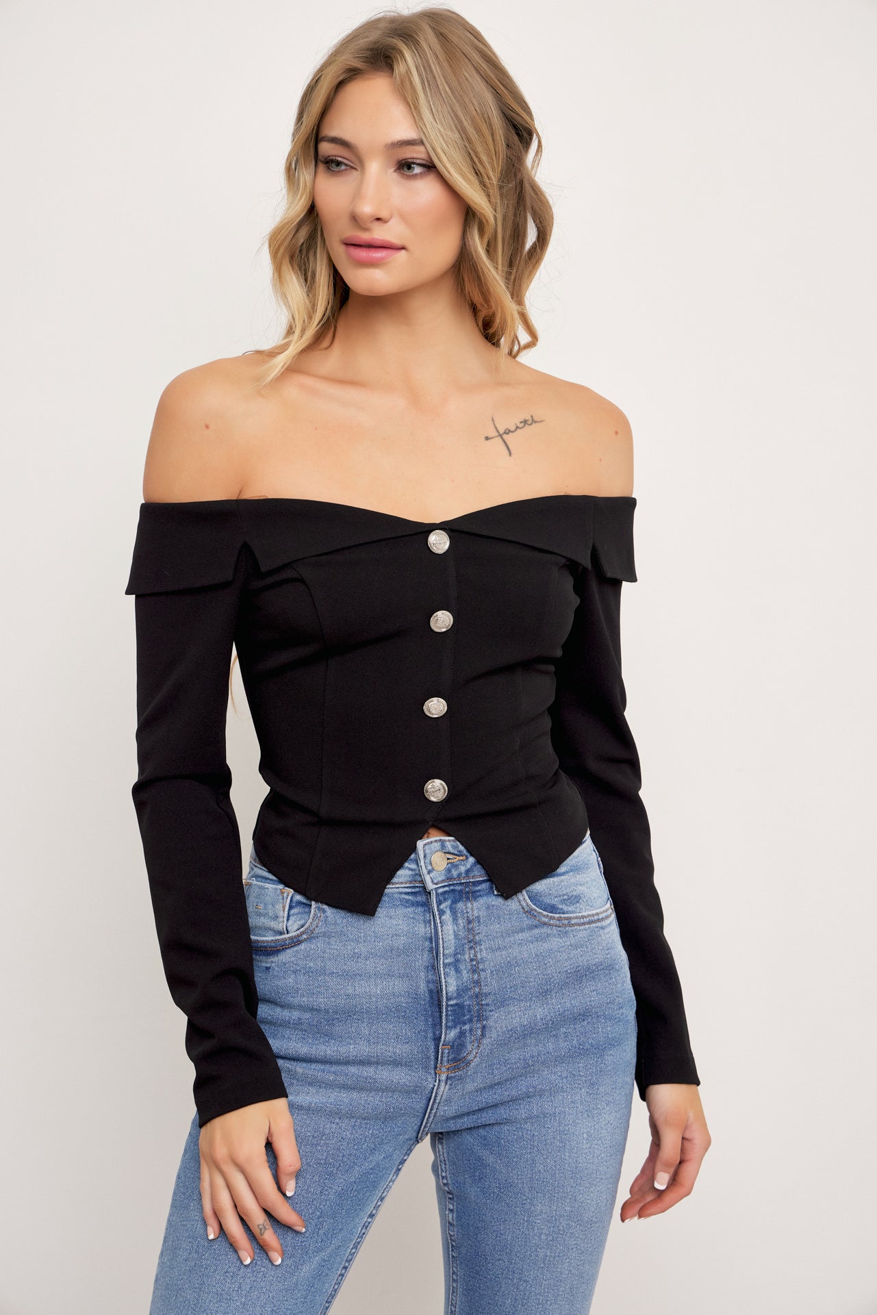 Chloe Woven Off Shoulder Blazer Top