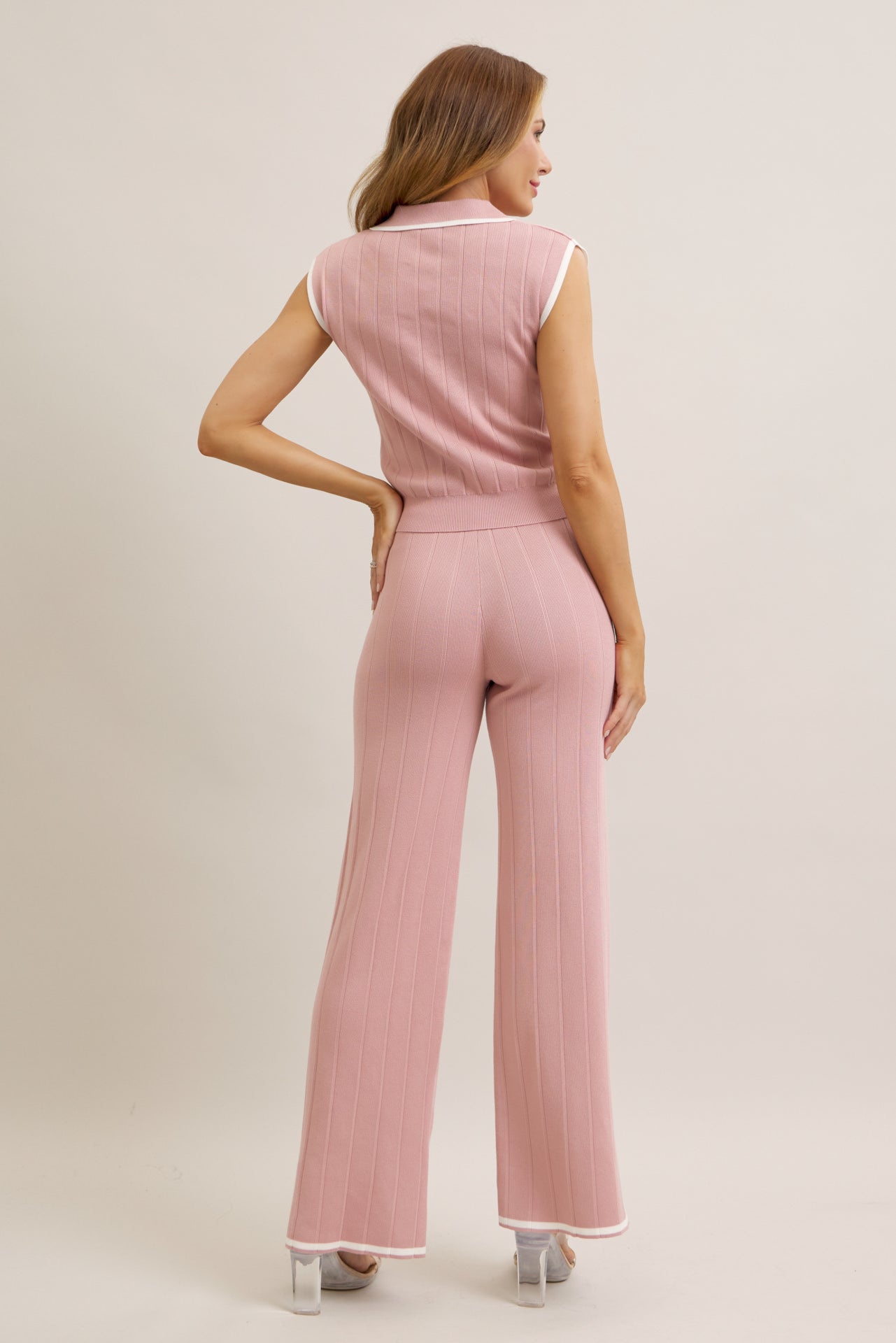 Knit & Crisp Contrast Short Sleeve Top and Pants Set