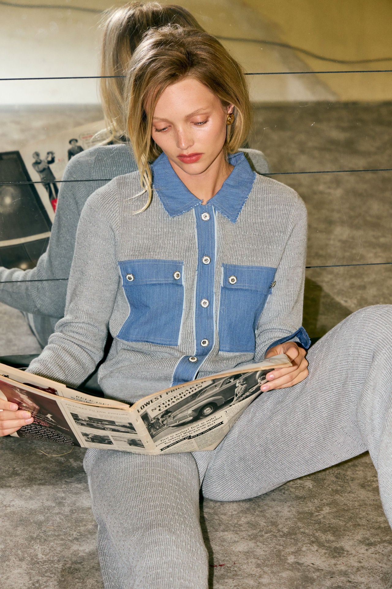Henley Knit Collared Shirt With Denim Contrast And Pants Set