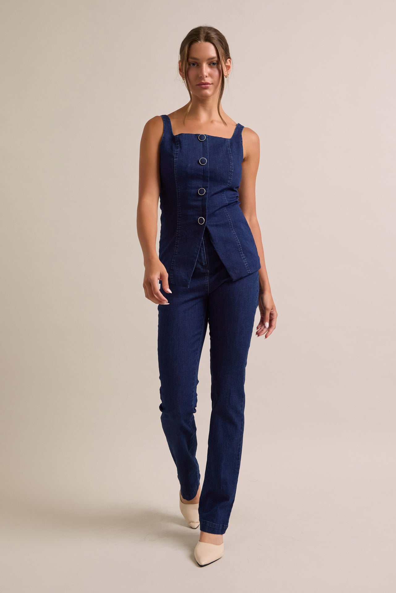 Seren Denim Button Down Top With Pants Set
