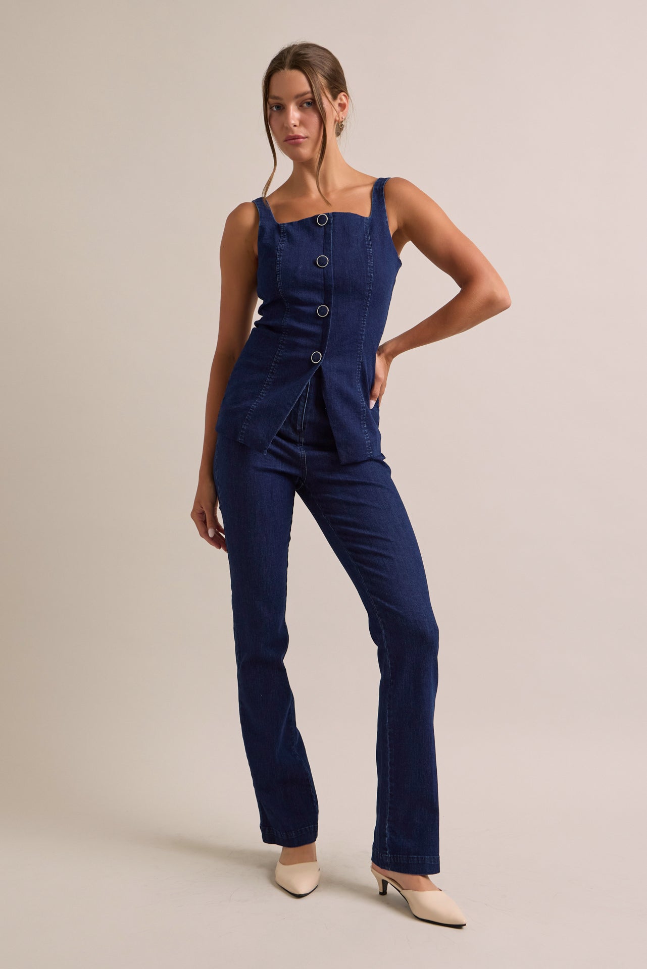 Seren Denim Button Down Top With Pants Set