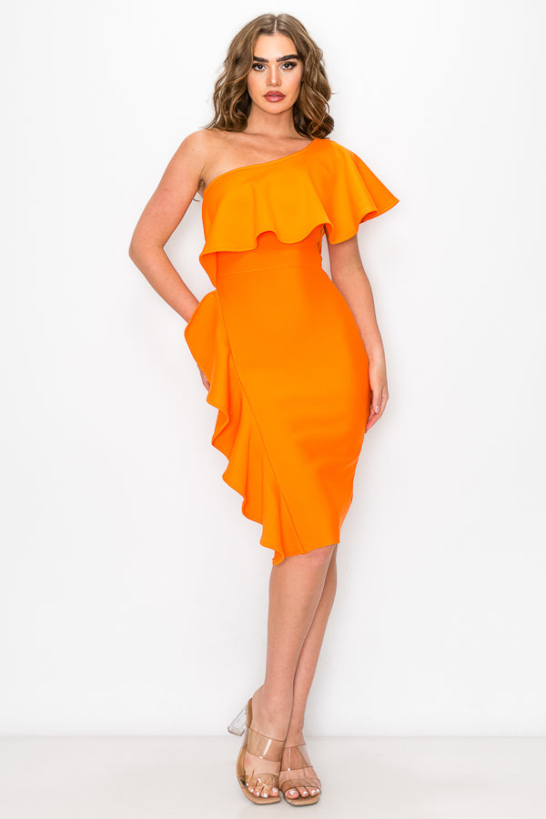 One Shoulder Ruffle Bandage Dress
