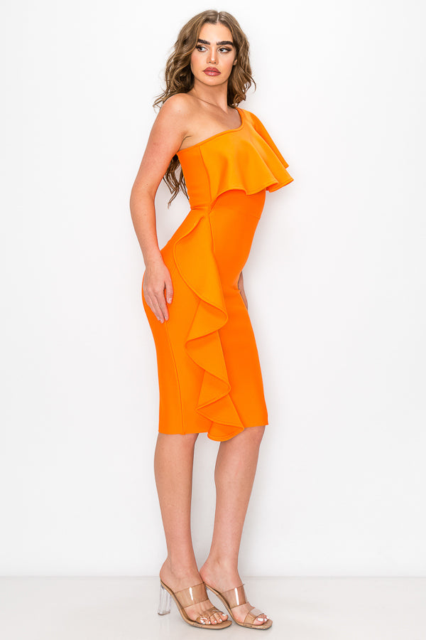 One Shoulder Ruffle Bandage Dress