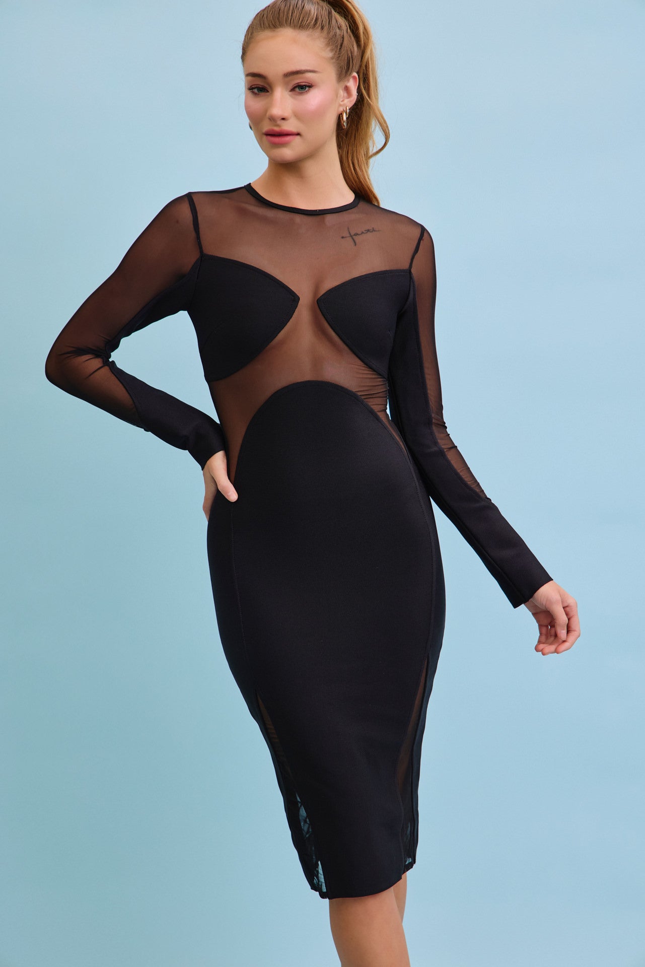 Bandage Mesh Cutout Midi Dress