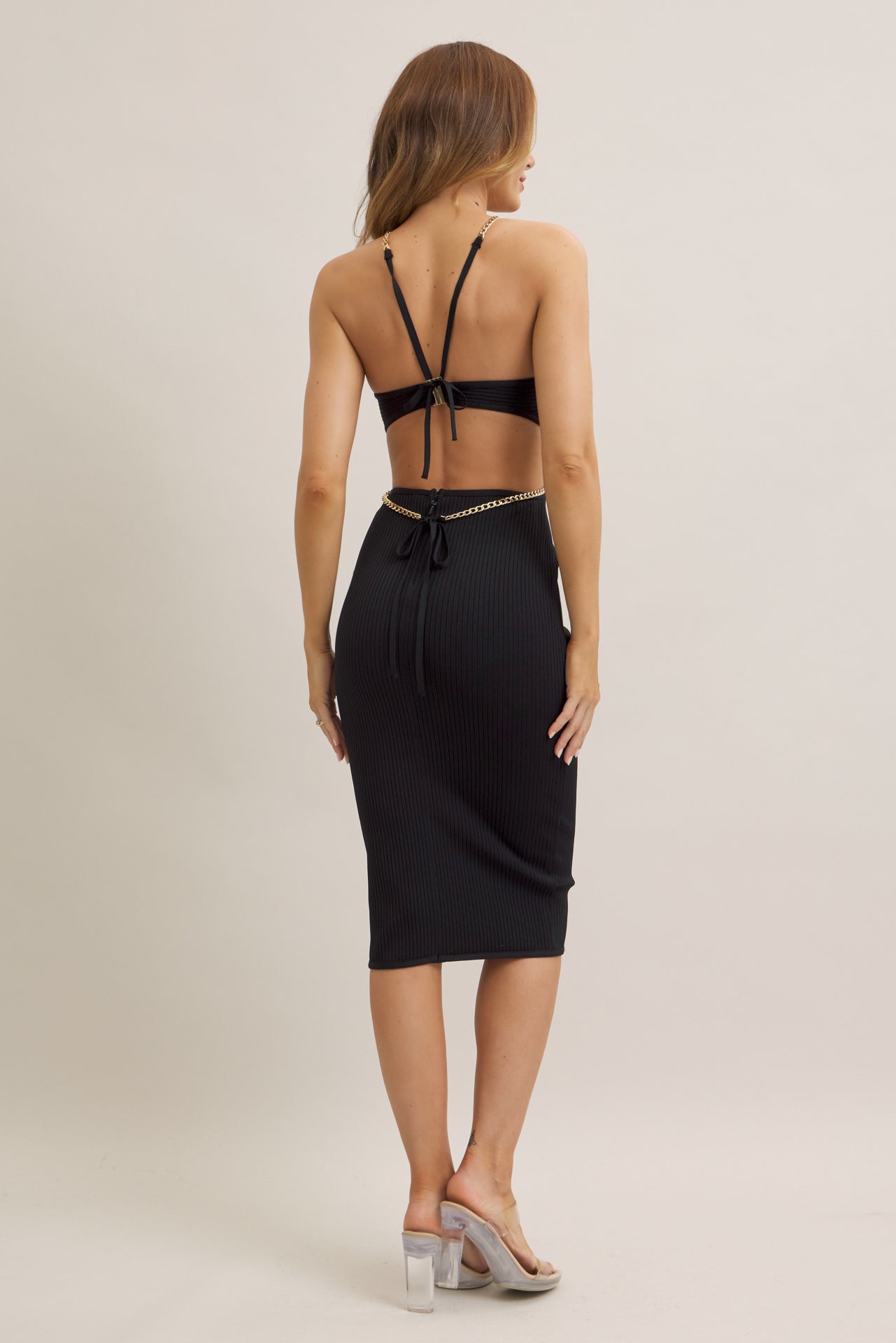 Bandage Halter Neck Midi Dress With Chain Trim