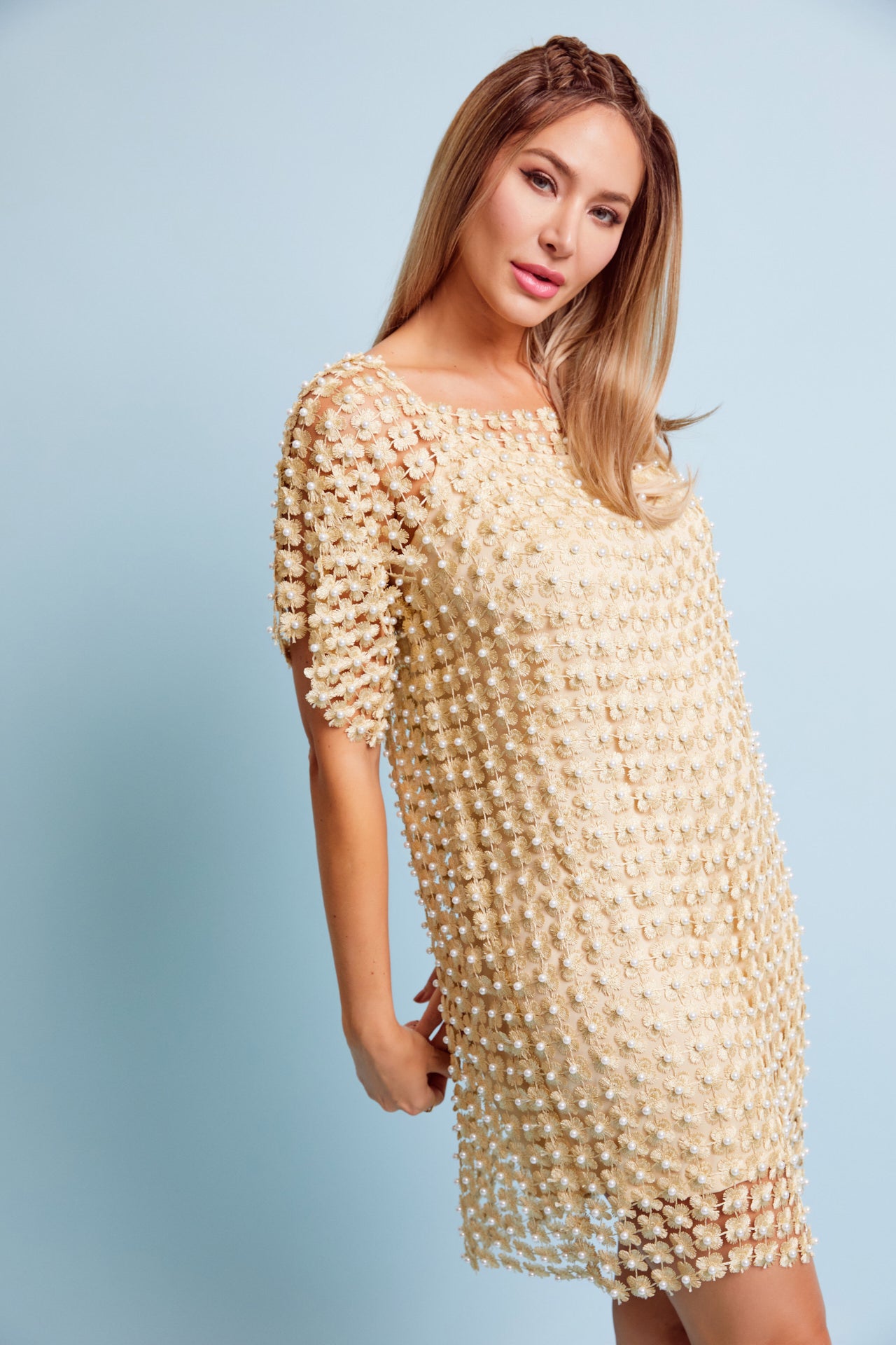 Pearl Crochet Mini Dress With Inner Slip