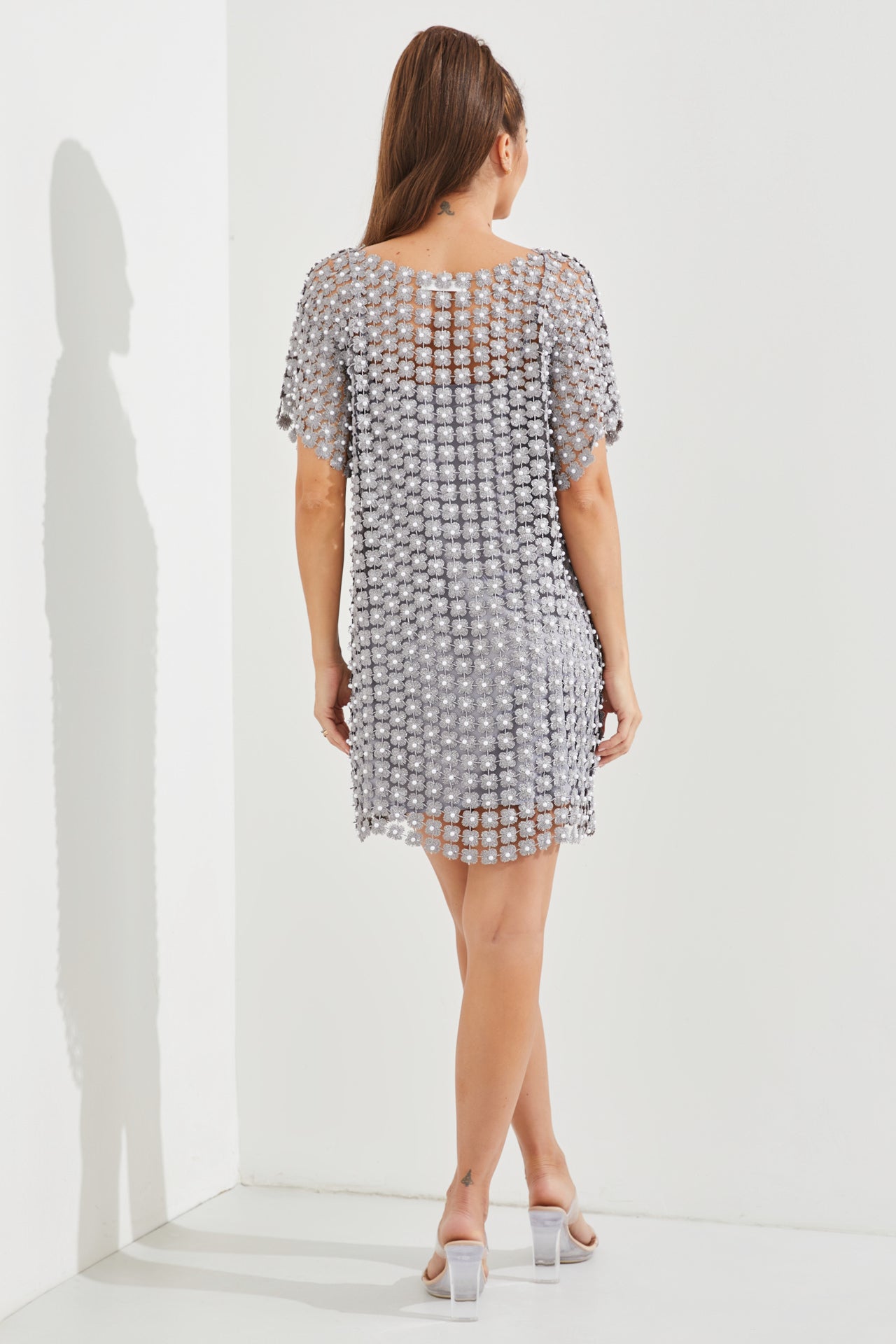 Pearl Crochet Mini Dress With Inner Slip