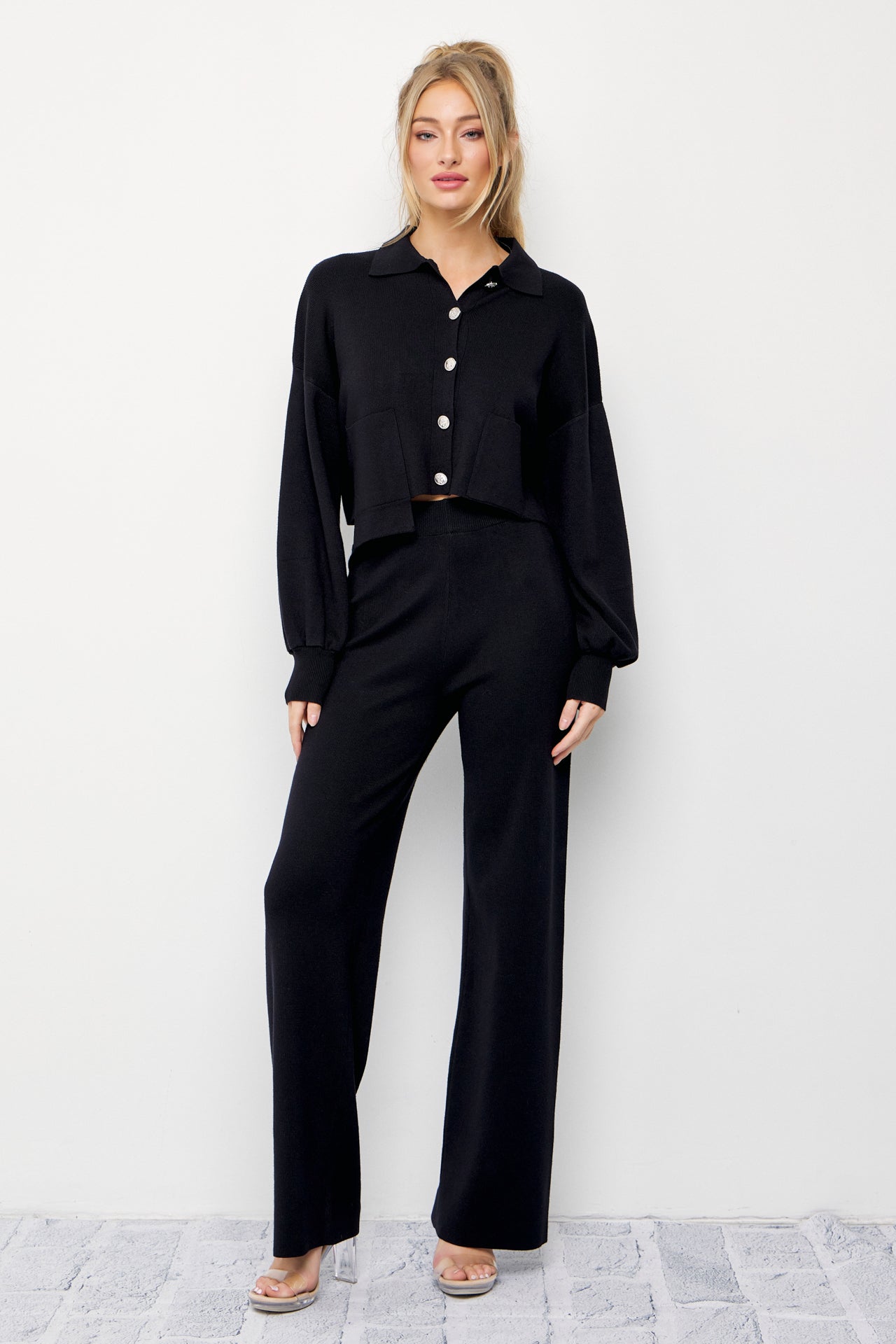 Brielle Knit Crop Asymmetrical Hem Cardigan and Pants Set
