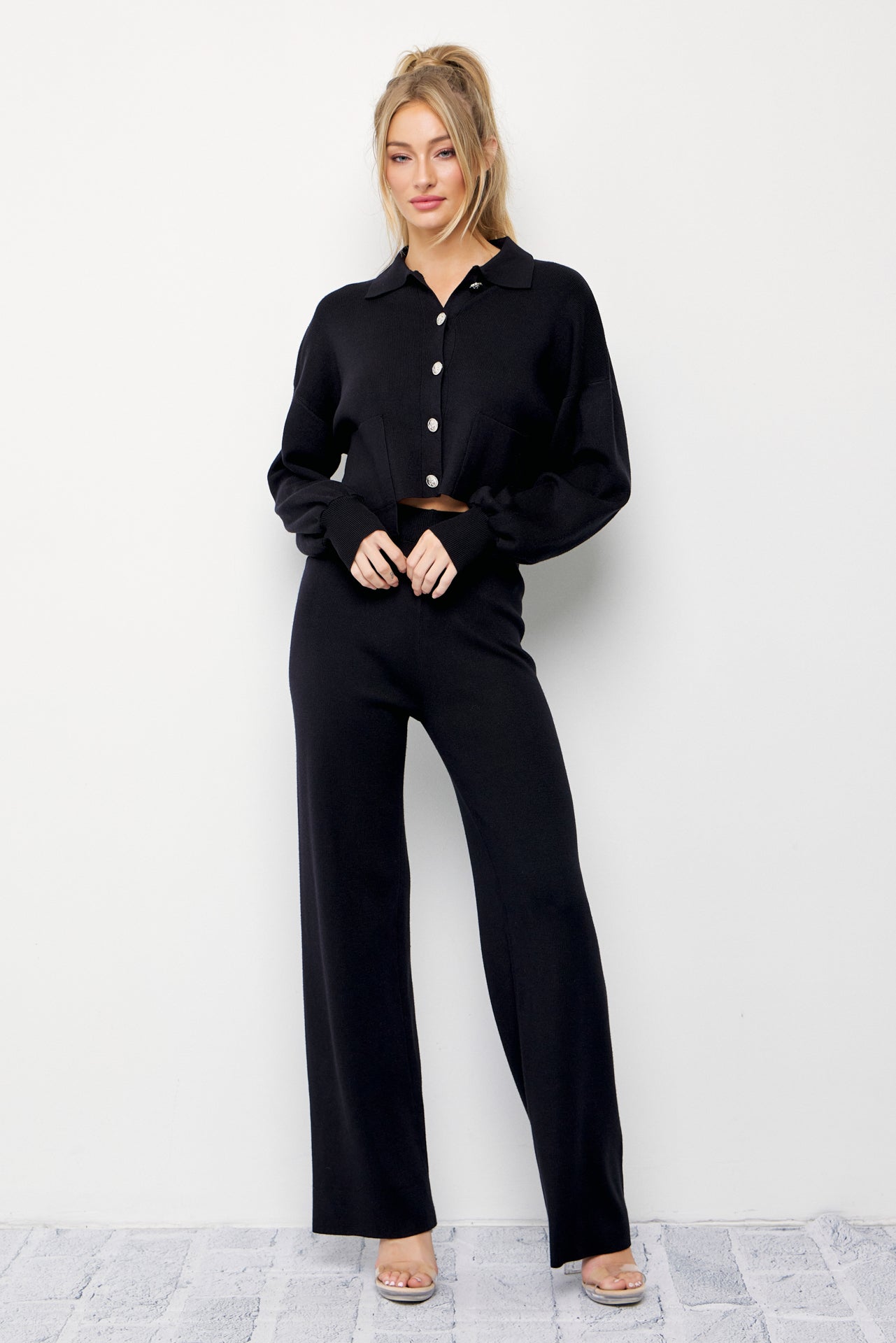 Brielle Knit Crop Asymmetrical Hem Cardigan and Pants Set