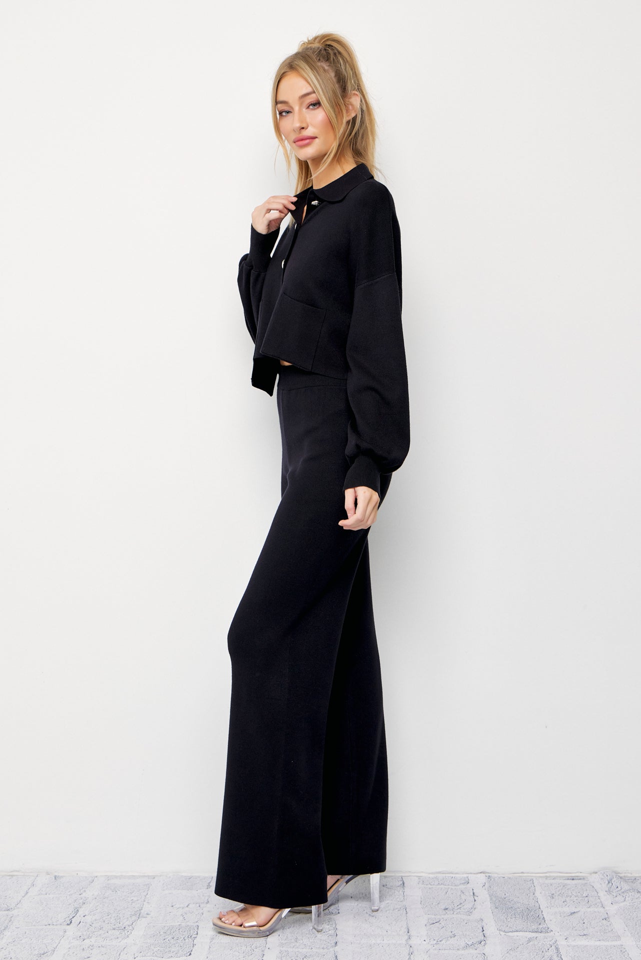 Brielle Knit Crop Asymmetrical Hem Cardigan and Pants Set