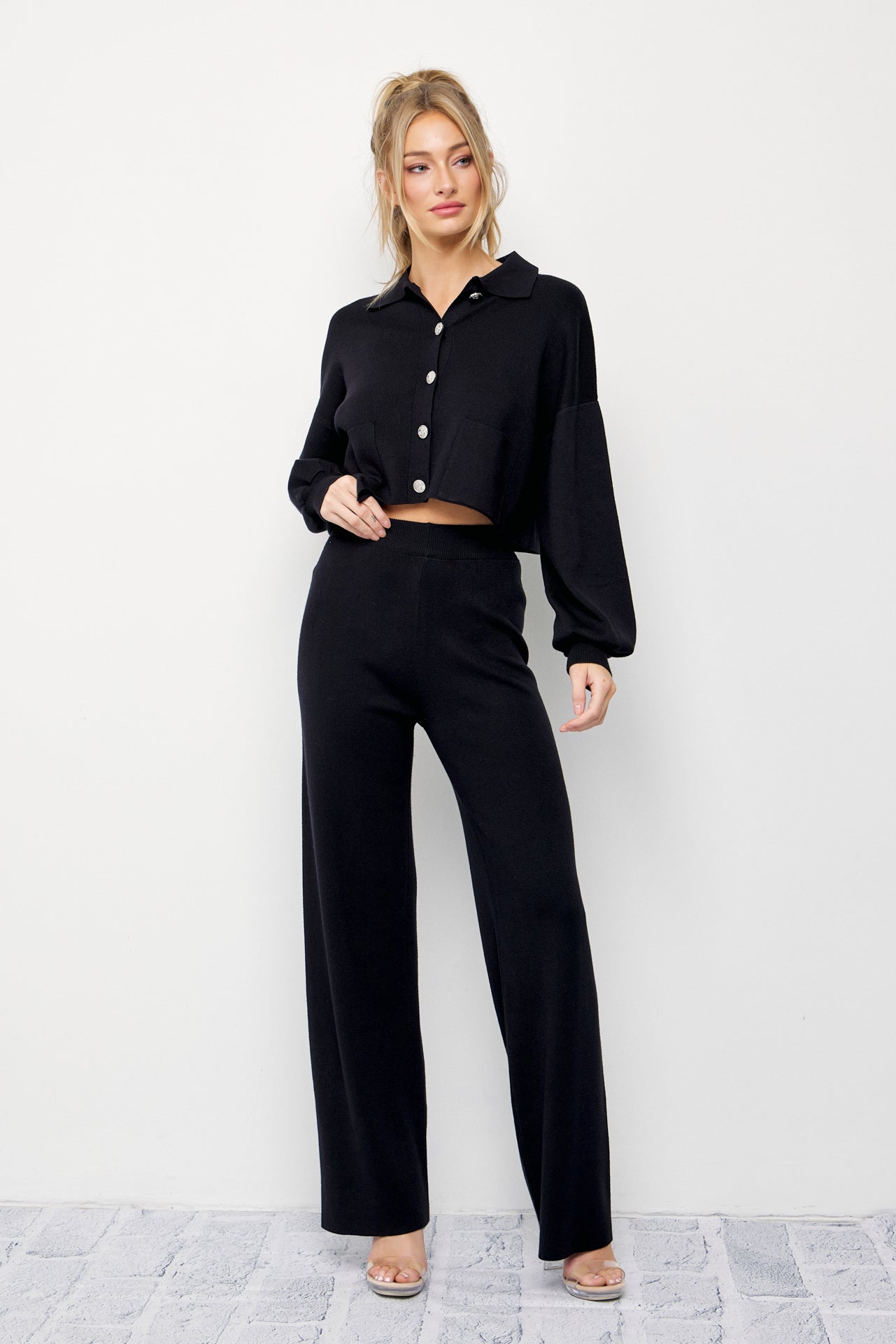 Brielle Knit Crop Asymmetrical Hem Cardigan and Pants Set