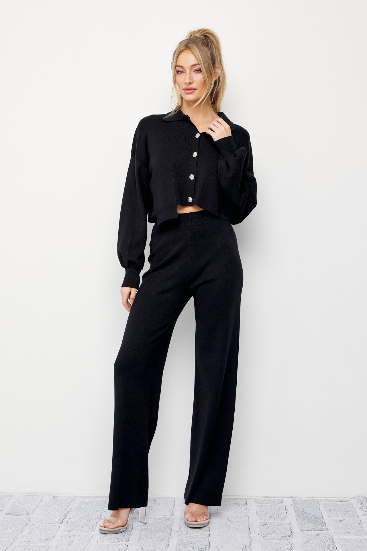 Brielle Knit Crop Asymmetrical Hem Cardigan and Pants Set