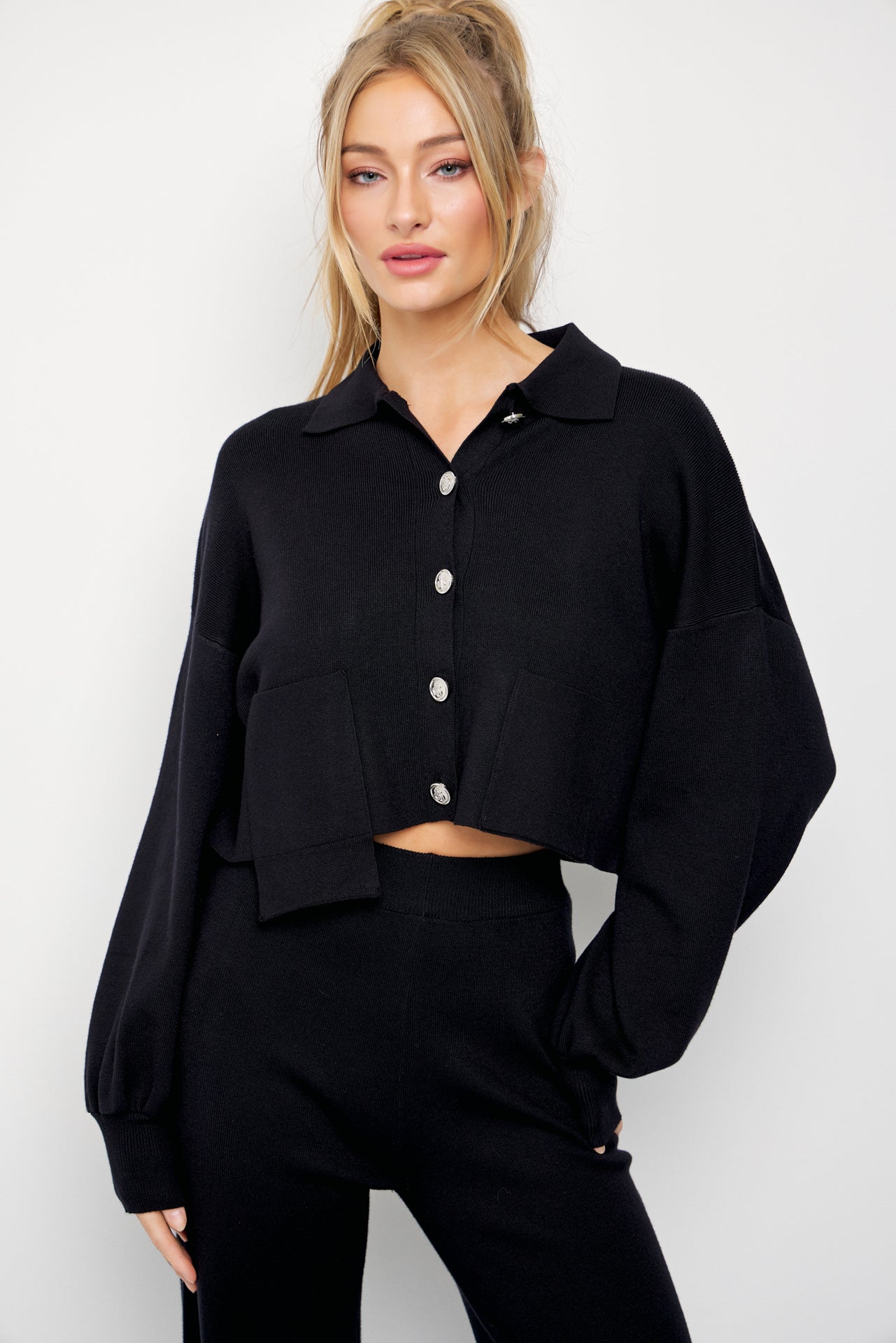 Brielle Knit Crop Asymmetrical Hem Cardigan and Pants Set